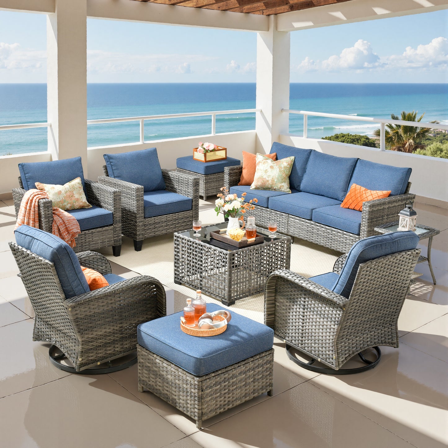 Vcatnet Outdoor Patio Furniture Set 8 Pieces Wicker Sectional Sofa All-Weather Rattan Conversation Set with Swivel Chairs and Coffee Table