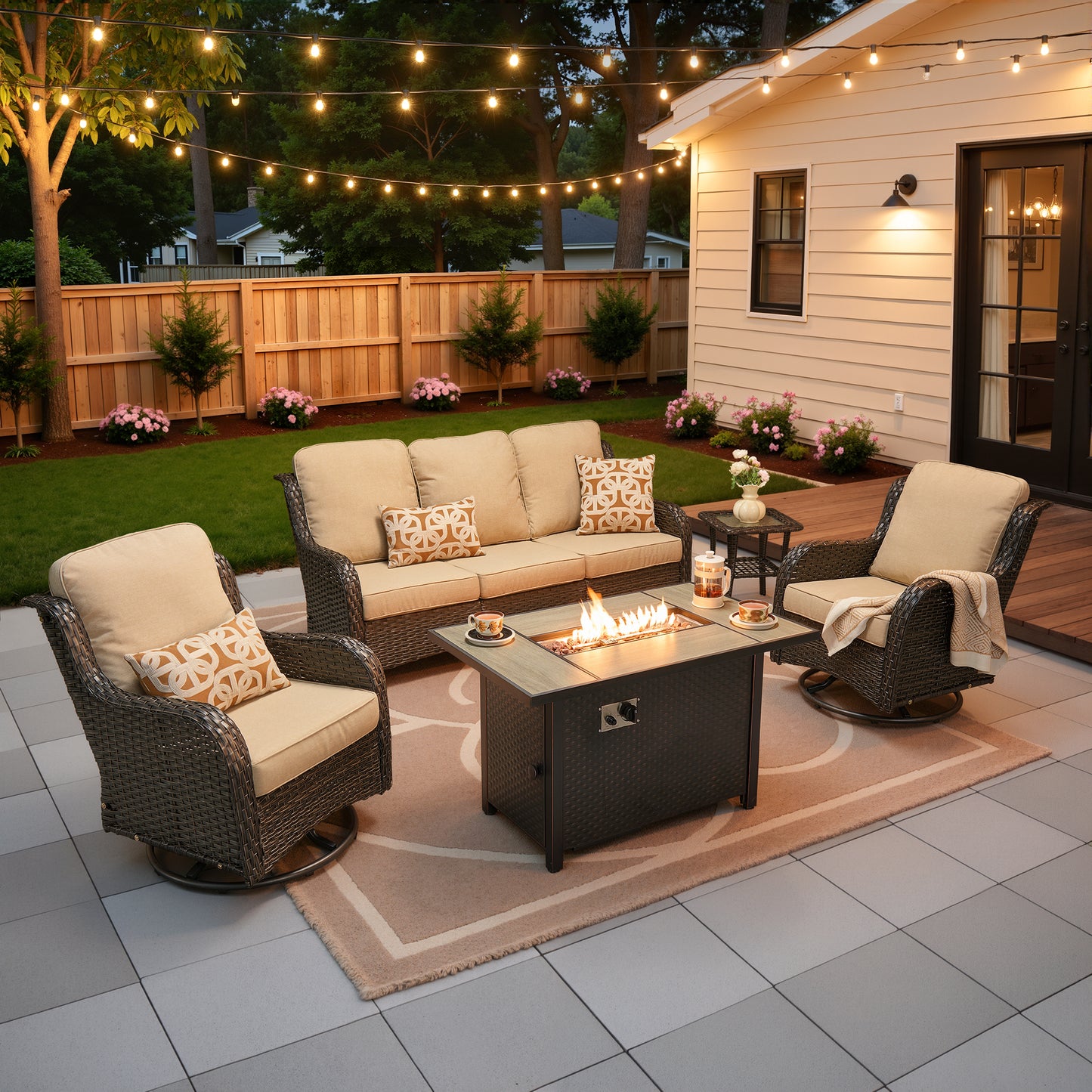 Vcatnet 5 Pieces Outdoor Patio Furniture with Fire Pit Wicker Sectional Sofa High-Back Conversation Set with Swivel Chairs