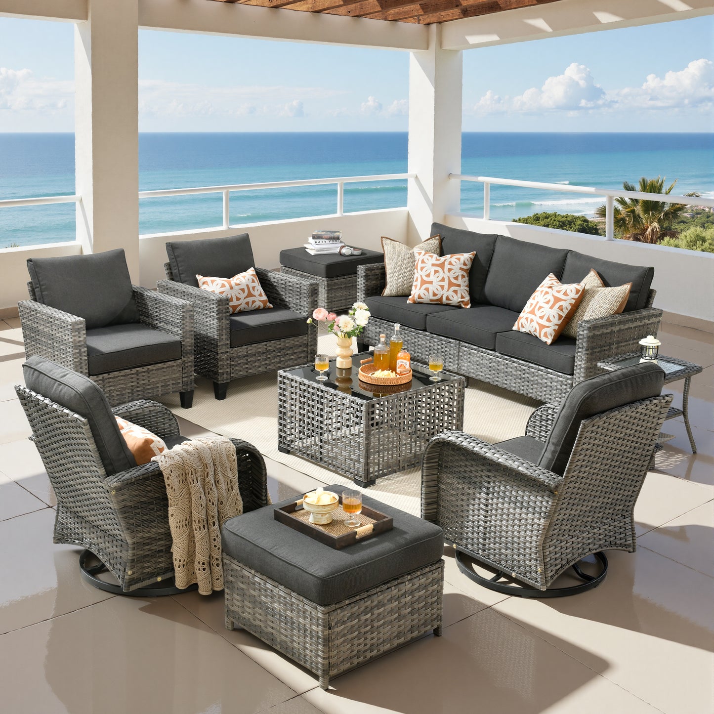 Vcatnet Outdoor Patio Furniture Set 8 Pieces Wicker Sectional Sofa All-Weather Rattan Conversation Set with Swivel Chairs and Coffee Table