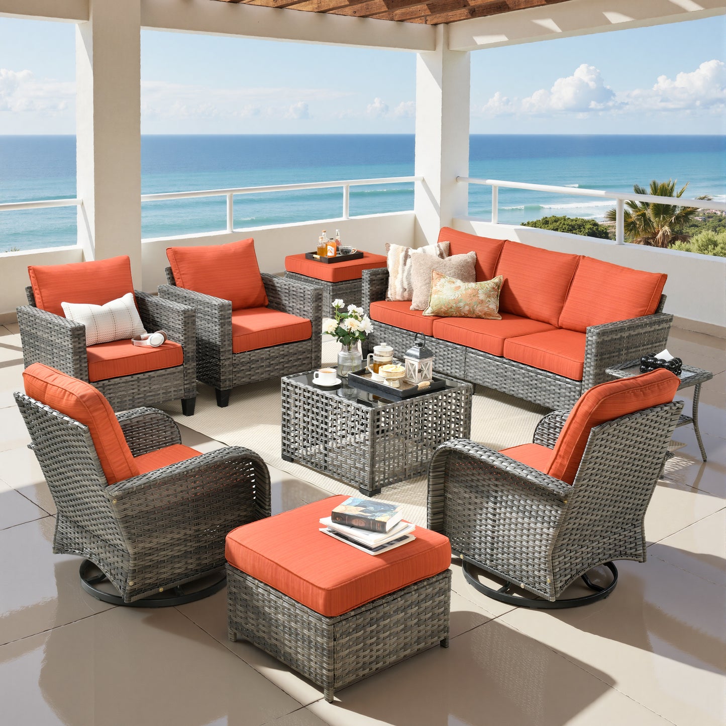 Vcatnet Outdoor Patio Furniture Set 8 Pieces Wicker Sectional Sofa All-Weather Rattan Conversation Set with Swivel Chairs and Coffee Table