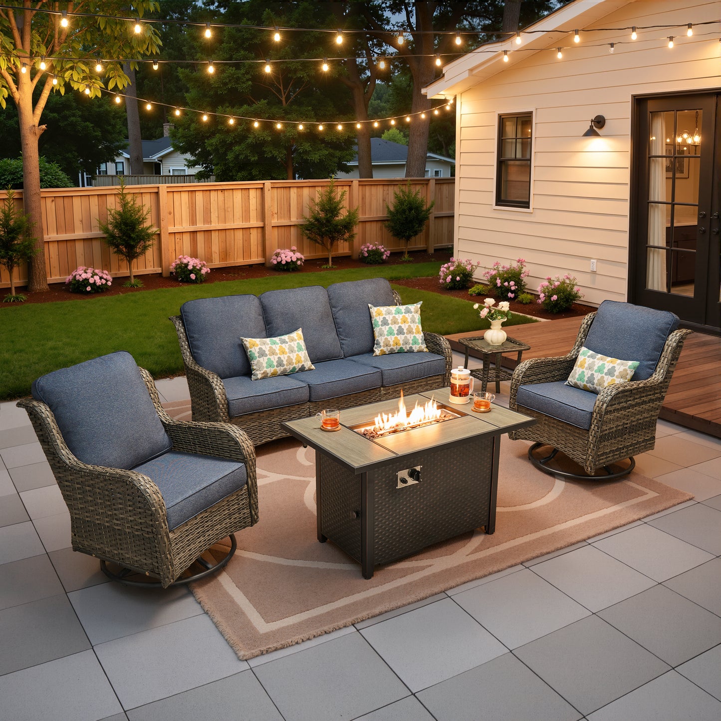 Vcatnet 5 Pieces Outdoor Patio Furniture with Fire Pit Wicker Sectional Sofa High-Back Conversation Set with Swivel Chairs