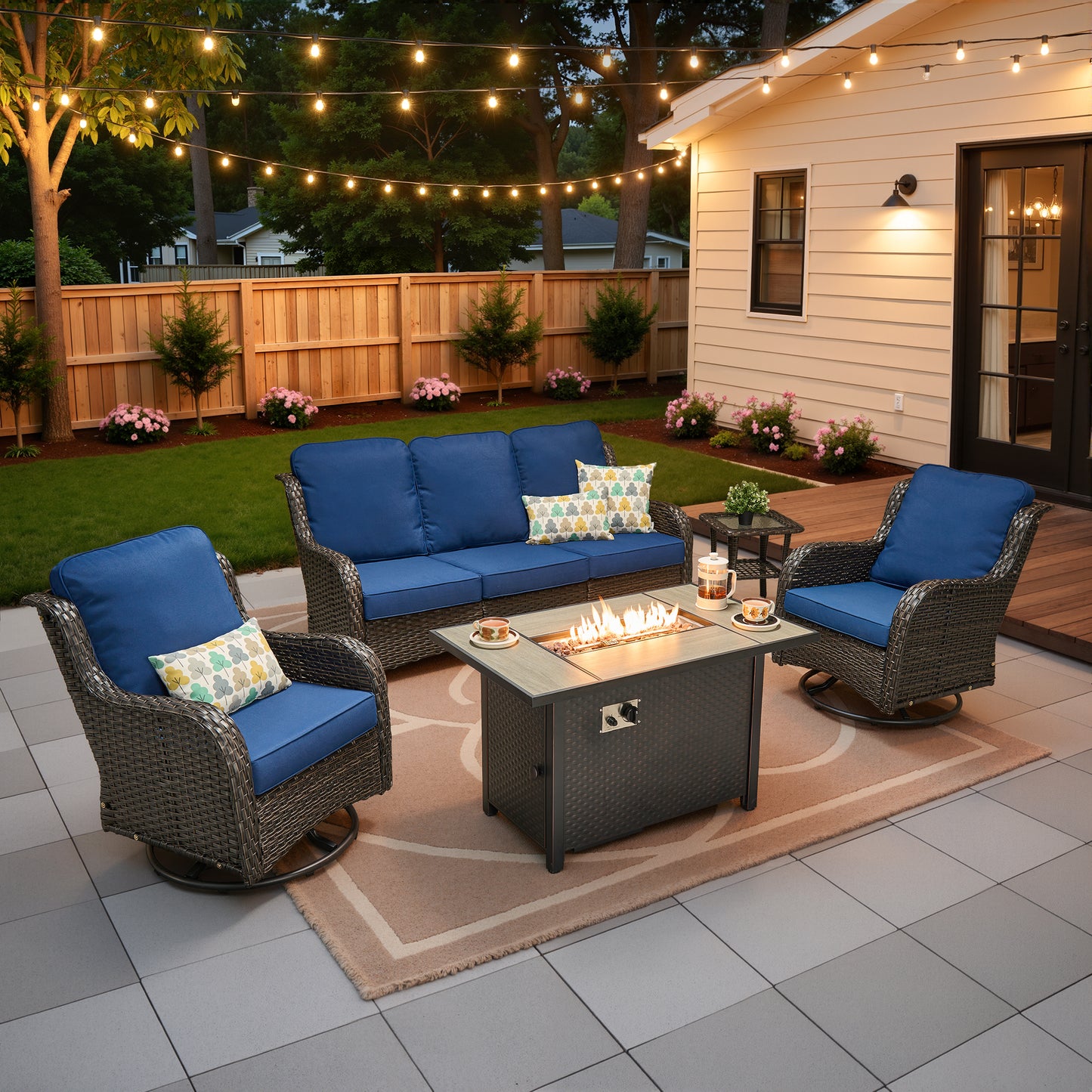 Vcatnet 5 Pieces Outdoor Patio Furniture with Fire Pit Wicker Sectional Sofa High-Back Conversation Set with Swivel Chairs