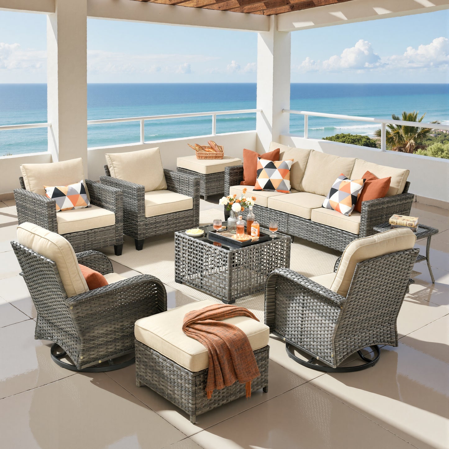 Vcatnet Outdoor Patio Furniture Set 8 Pieces Wicker Sectional Sofa All-Weather Rattan Conversation Set with Swivel Chairs and Coffee Table