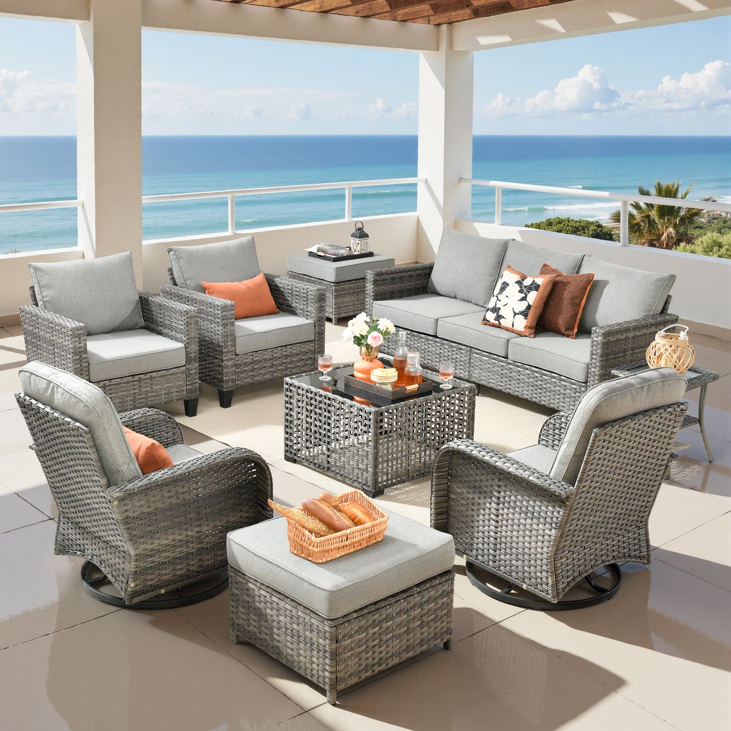 Vcatnet Outdoor Patio Furniture Set 8 Pieces Wicker Sectional Sofa All-Weather Rattan Conversation Set with Swivel Chairs and Coffee Table