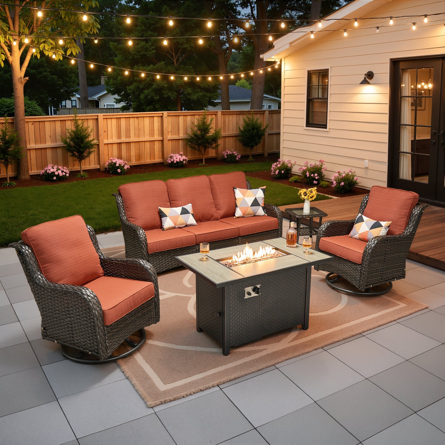 Vcatnet 5 Pieces Outdoor Patio Furniture with Fire Pit Wicker Sectional Sofa High-Back Conversation Set with Swivel Chairs