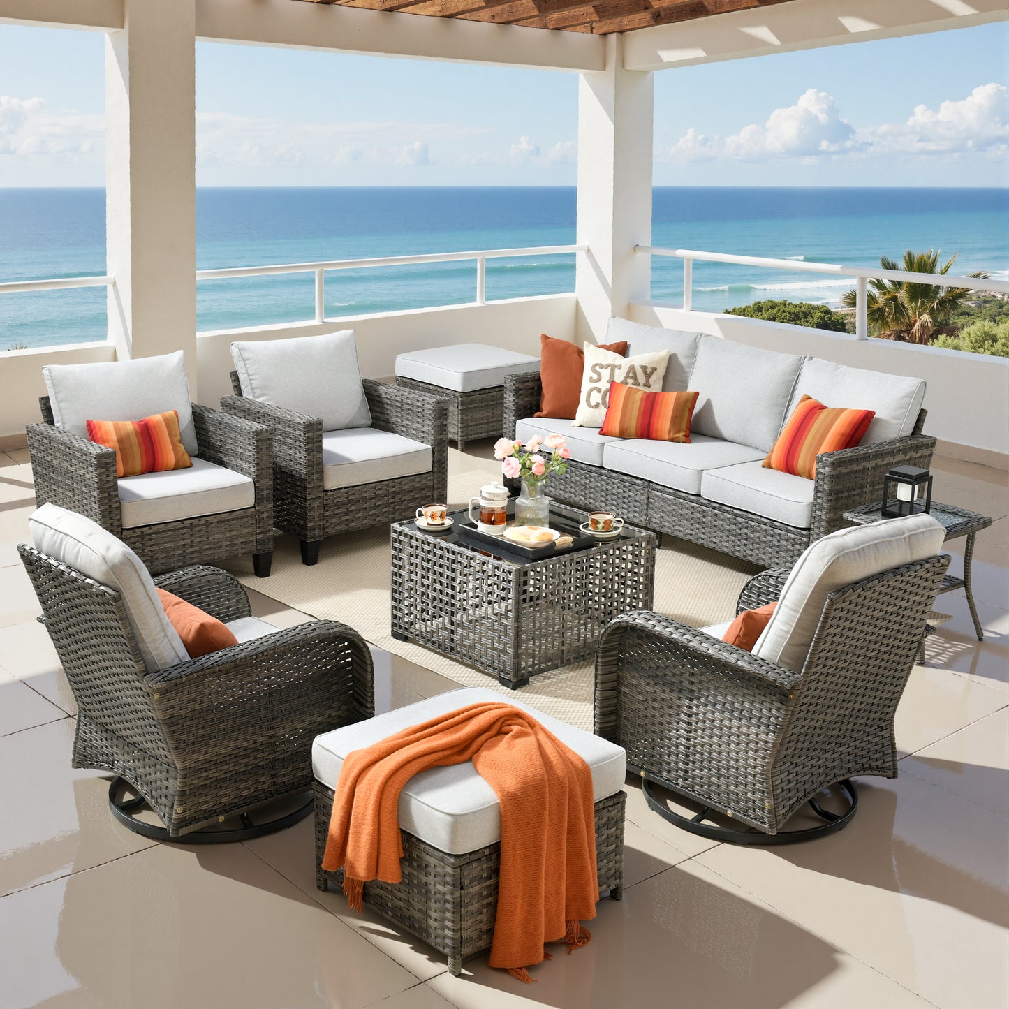 Vcatnet Outdoor Patio Furniture Set 8 Pieces Wicker Sectional Sofa All-Weather Rattan Conversation Set with Swivel Chairs and Coffee Table