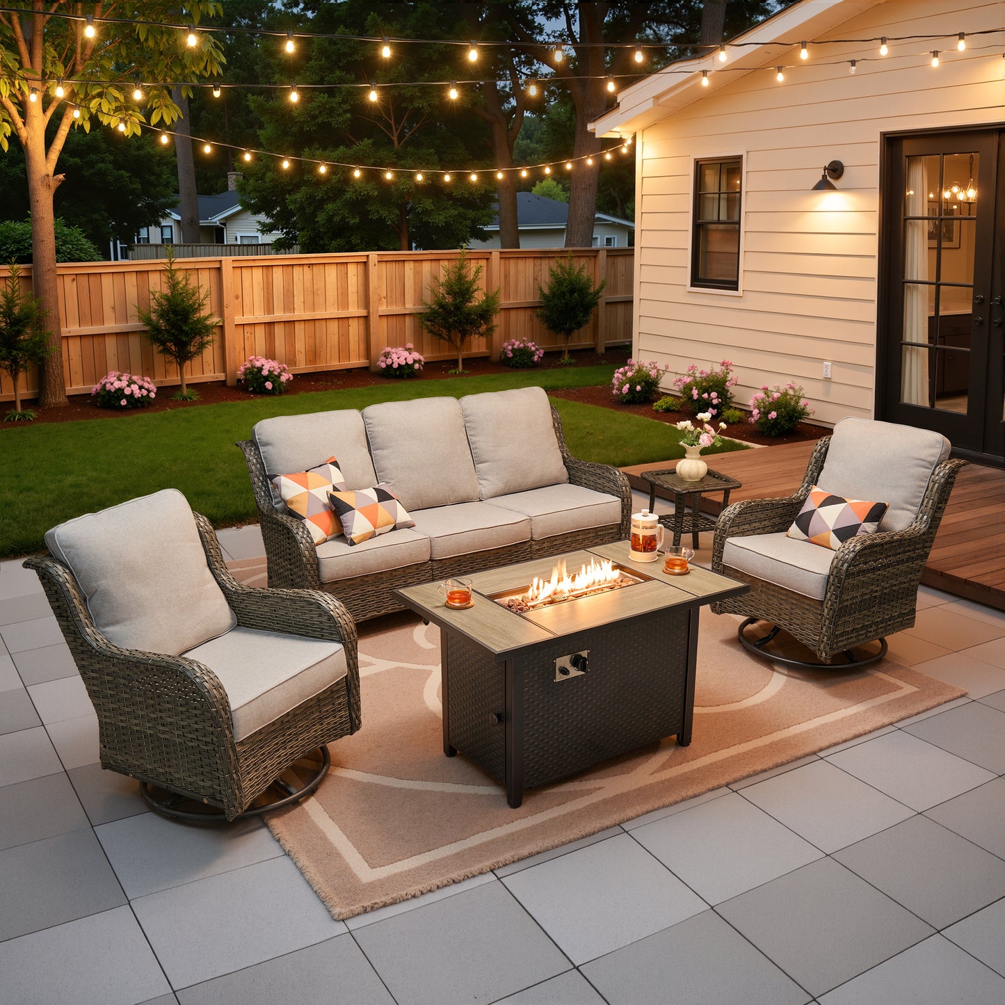 Vcatnet 5 Pieces Outdoor Patio Furniture with Fire Pit Wicker Sectional Sofa High-Back Conversation Set with Swivel Chairs