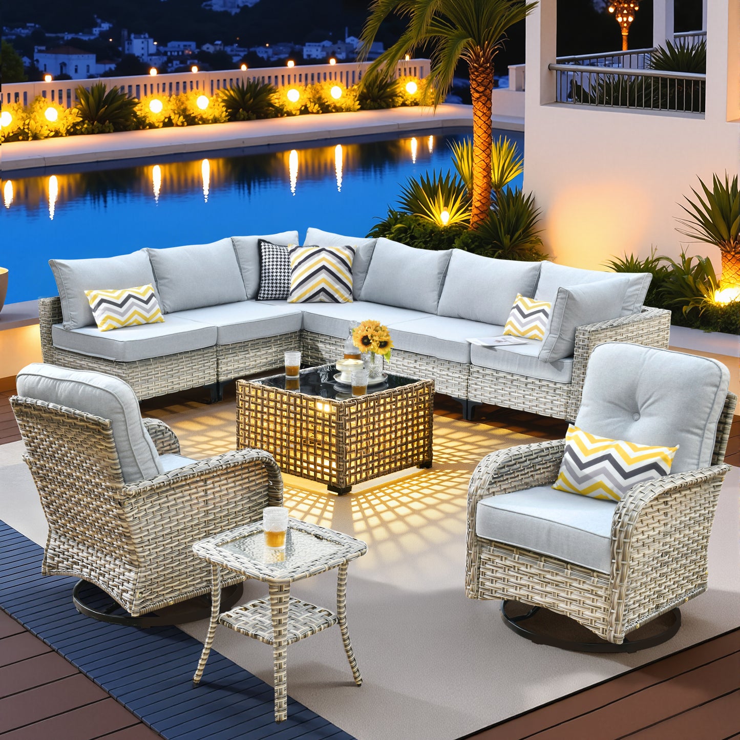 Vcatnet Outdoor Patio Furniture Sets 8 Pieces Sectional Sofa Wicker Conversation Set with Swivel Glider Chairs and Solar Powered Coffee Table for Porch,Backyard
