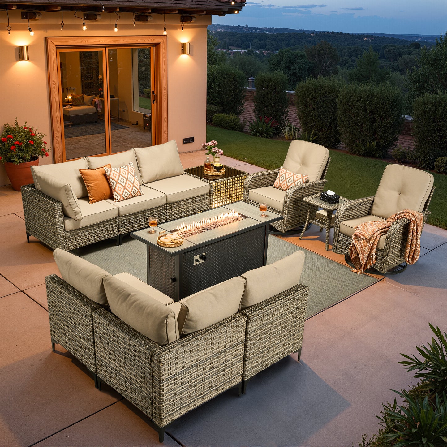 Vcatnet Outdoor Patio Furniture Sets 8 Pieces Sectional Sofa Wicker Conversation Set with Swivel Glider Chairs and Solar Powered Coffee Table for Porch,Backyard