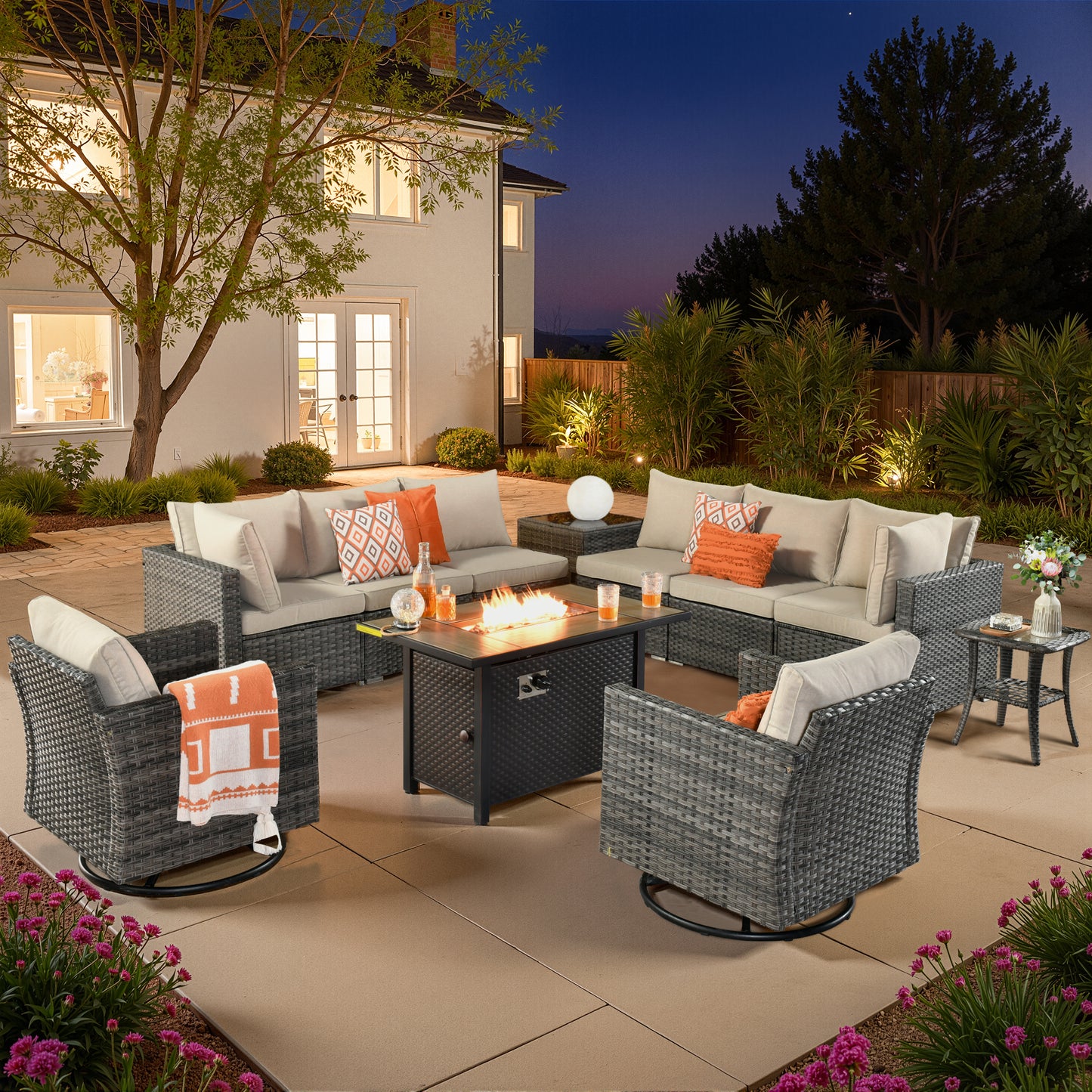 Vcatnet 6 Pieces Outdoor Patio Furniture with Fire Pit, Wicker Outdoor Conversation Set, Outdoor Sectional with Coffee Table