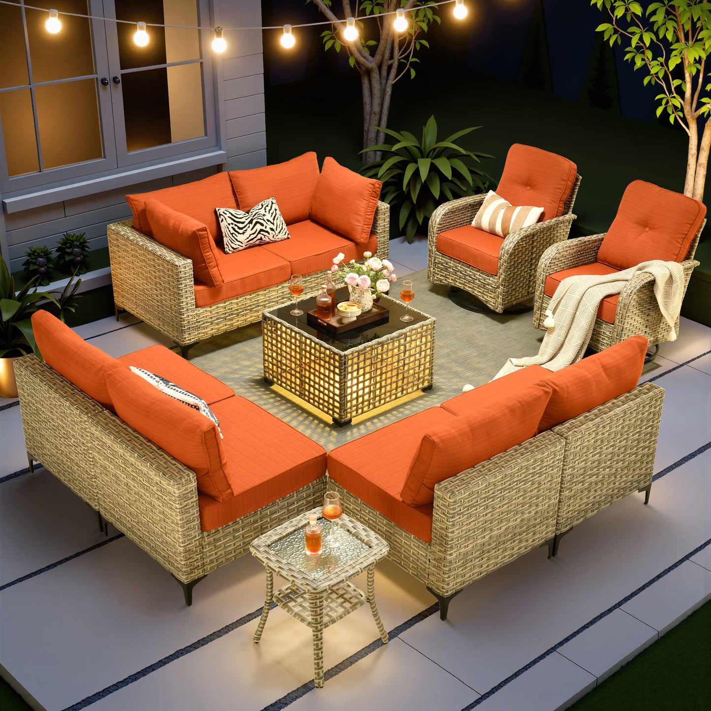 Vcatnet Outdoor Patio Furniture Sets 8 Pieces Sectional Sofa Wicker Conversation Set with Swivel Glider Chairs and Solar Powered Coffee Table for Porch,Backyard