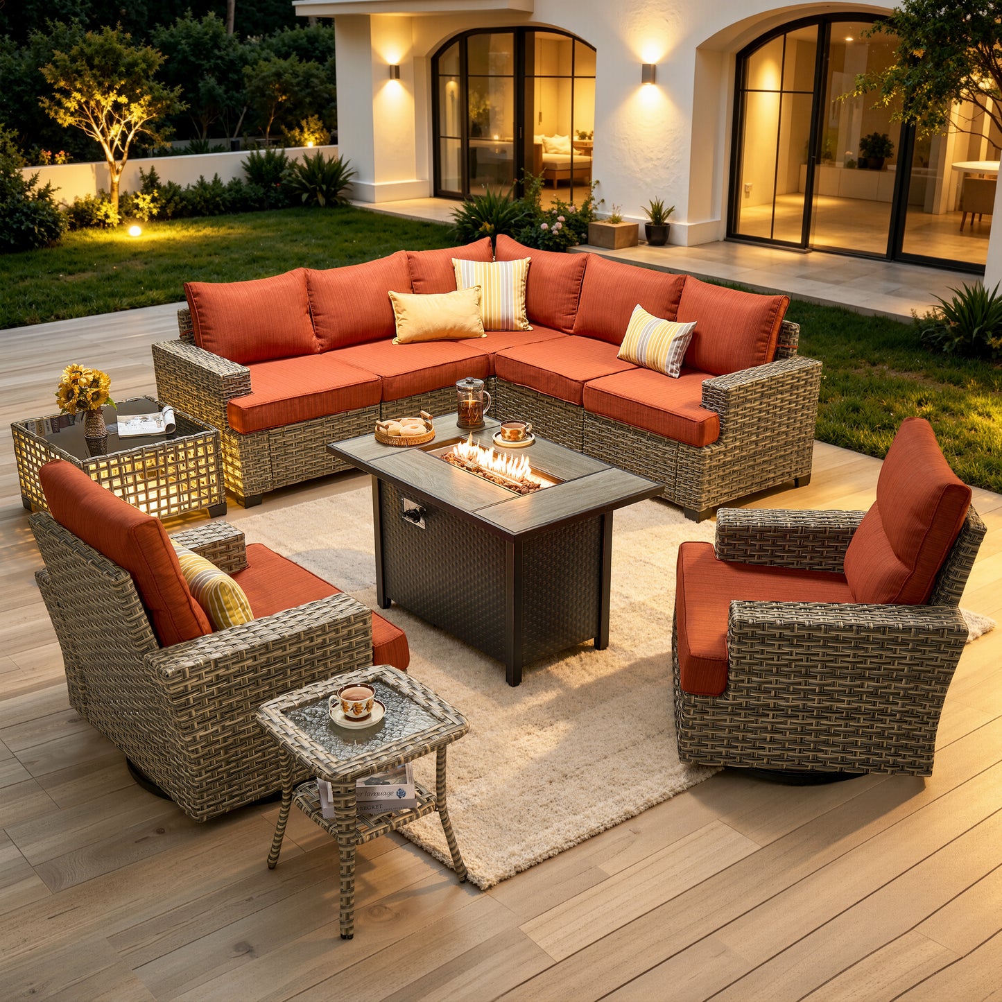 Vcatnet 9 Pieces Outdoor Patio Furniture with 54" Fire Pit Wicker Sectional Sofa All-Weather Outdoor Conversation Set with Swivel Glider Chairs and Ottoman