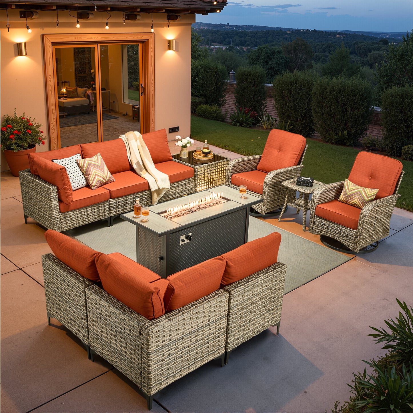 Vcatnet Outdoor Patio Furniture Sets 8 Pieces Sectional Sofa Wicker Conversation Set with Swivel Glider Chairs and Solar Powered Coffee Table for Porch,Backyard