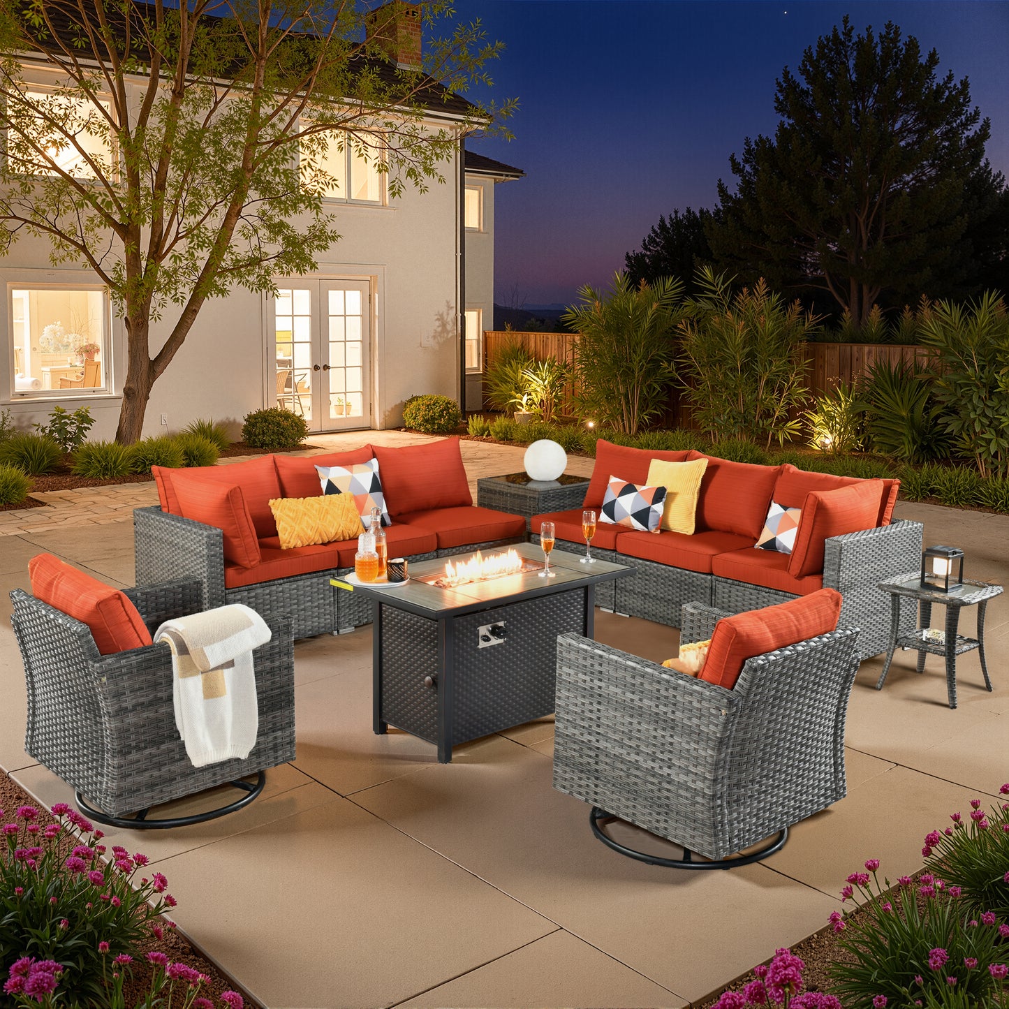 Vcatnet 6 Pieces Outdoor Patio Furniture with Fire Pit, Wicker Outdoor Conversation Set, Outdoor Sectional with Coffee Table