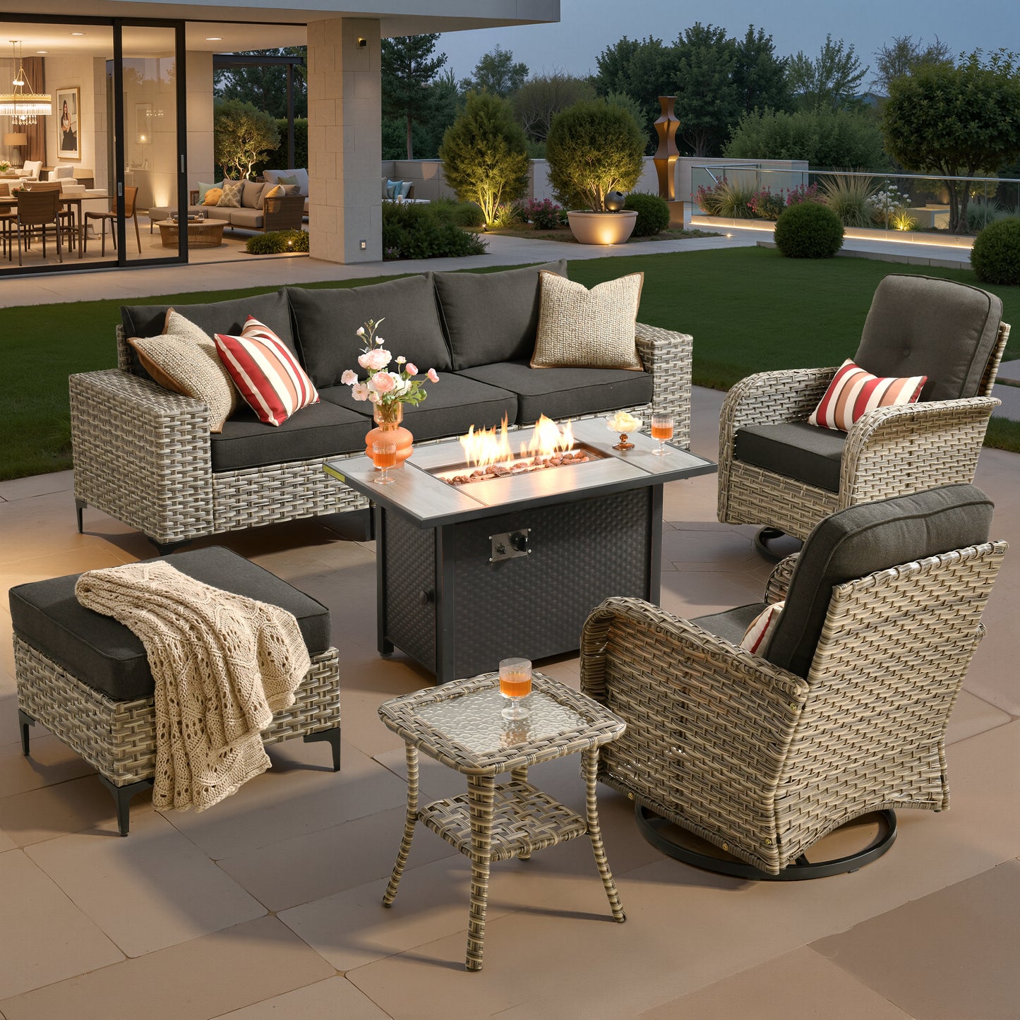 Vcatnet Outdoor Patio Furniture 5 Pieces Wicker Conversation Set Sectional Sofa with Coffee Table and Ottoman