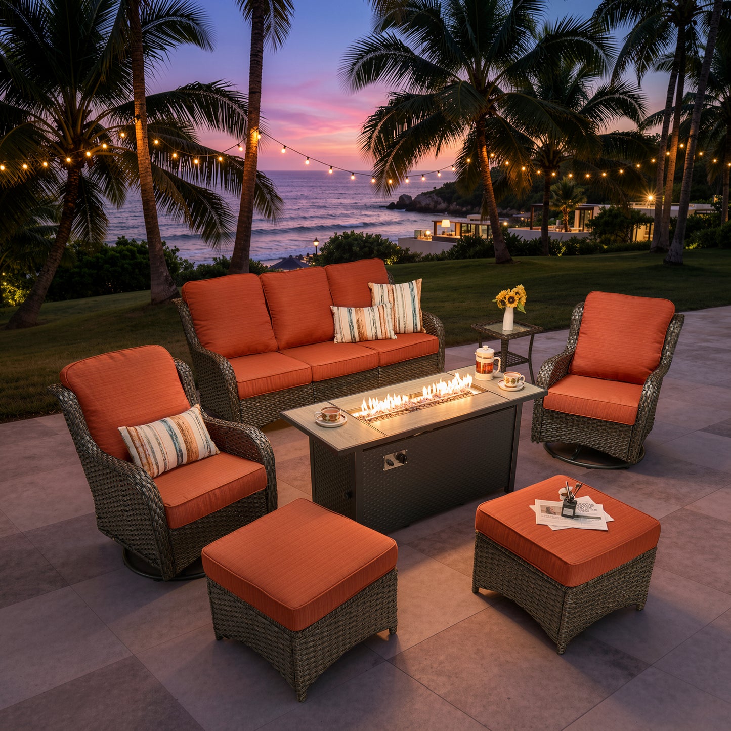 Vcatnet 5 Pieces Outdoor Patio Furniture with Fire Pit Wicker Sectional Sofa High-Back Conversation Set with Swivel Chairs