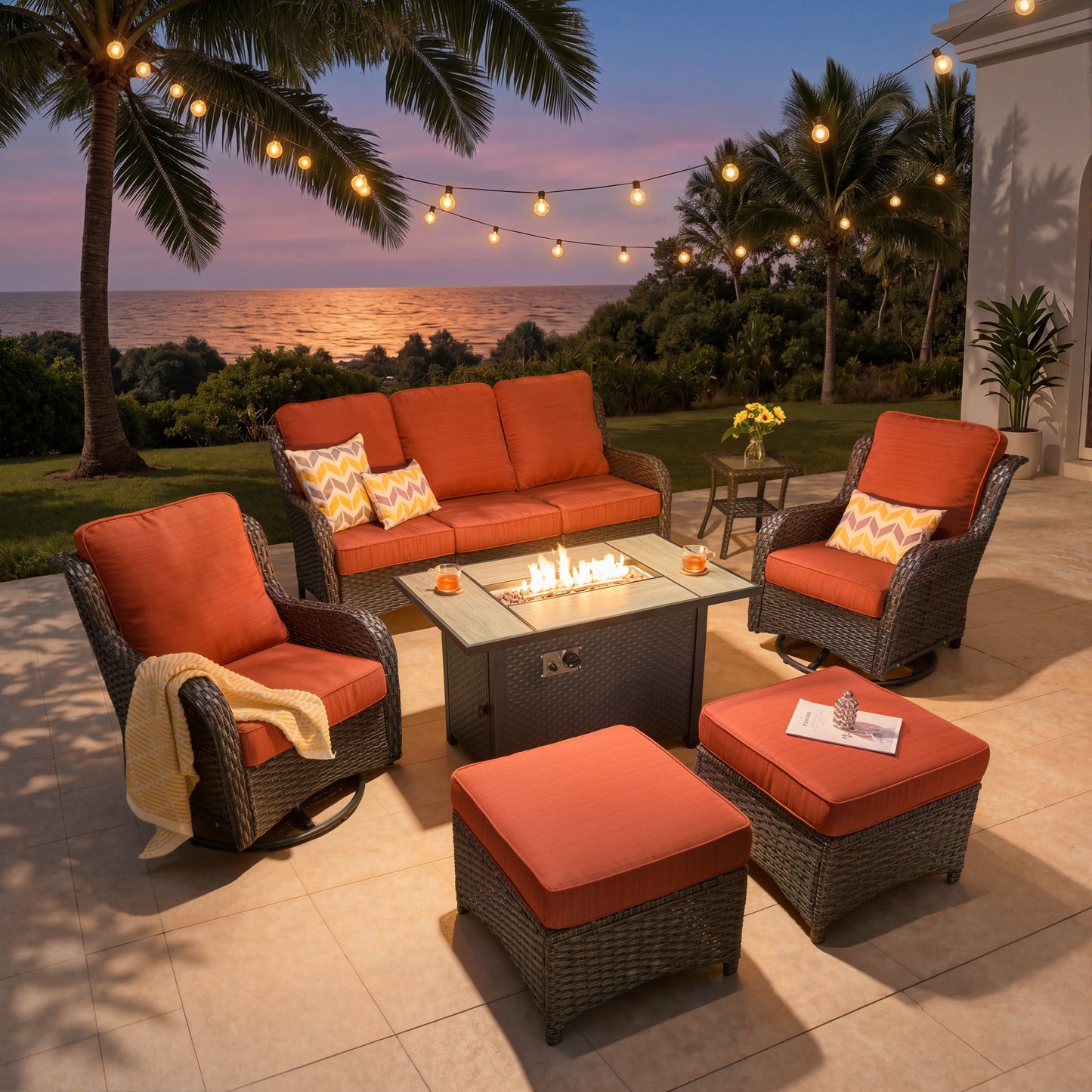 Vcatnet 5 Pieces Outdoor Patio Furniture with Fire Pit Wicker Sectional Sofa High-Back Conversation Set with Swivel Chairs