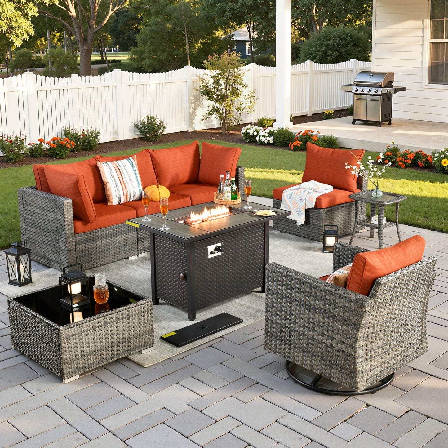 Vcatnet 6 Pieces Outdoor Patio Furniture with Fire Pit, Wicker Outdoor Conversation Set, Outdoor Sectional with Coffee Table