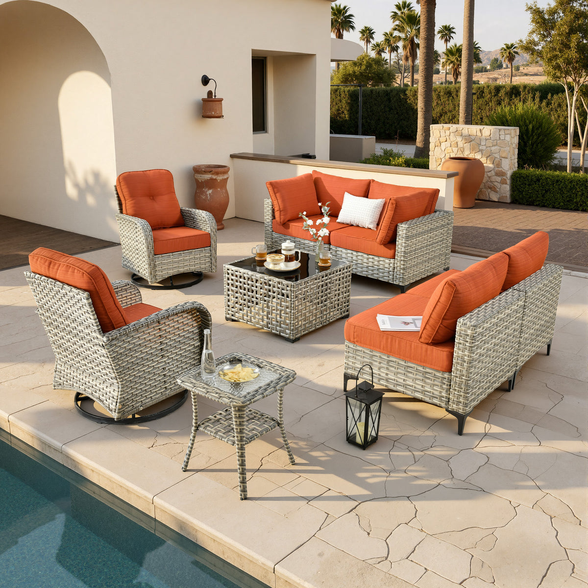 Vcatnet Outdoor Patio Furniture Sets 8 Pieces Sectional Sofa Wicker Conversation Set with Swivel Glider Chairs and Solar Powered Coffee Table for Porch,Backyard