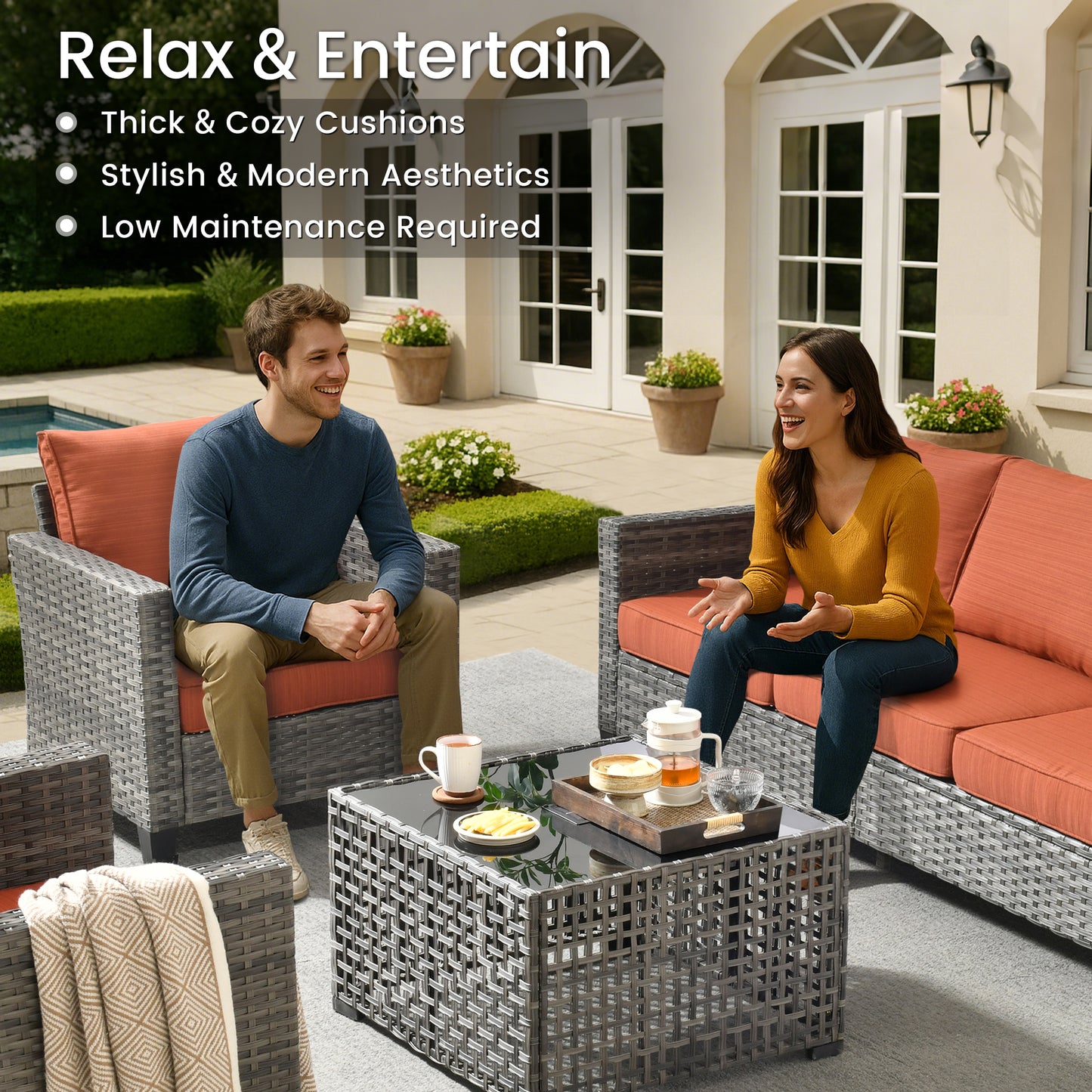 Vcatnet Patio Conversation Set, 5 Pieces Outdoor Sectional Sofa, All Weather Wicker Patio Furniture with Swivel Rocking Chairs and Coffee Table