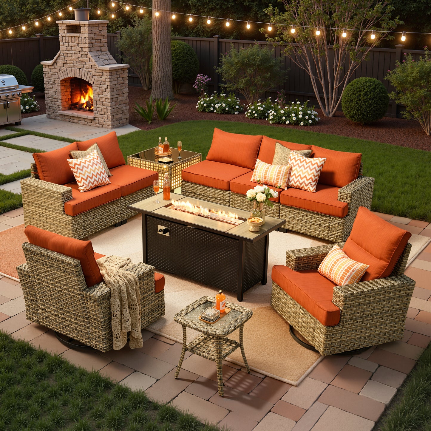 Vcatnet 9 Pieces Outdoor Patio Furniture with 54" Fire Pit Wicker Sectional Sofa All-Weather Outdoor Conversation Set with Swivel Glider Chairs and Ottoman