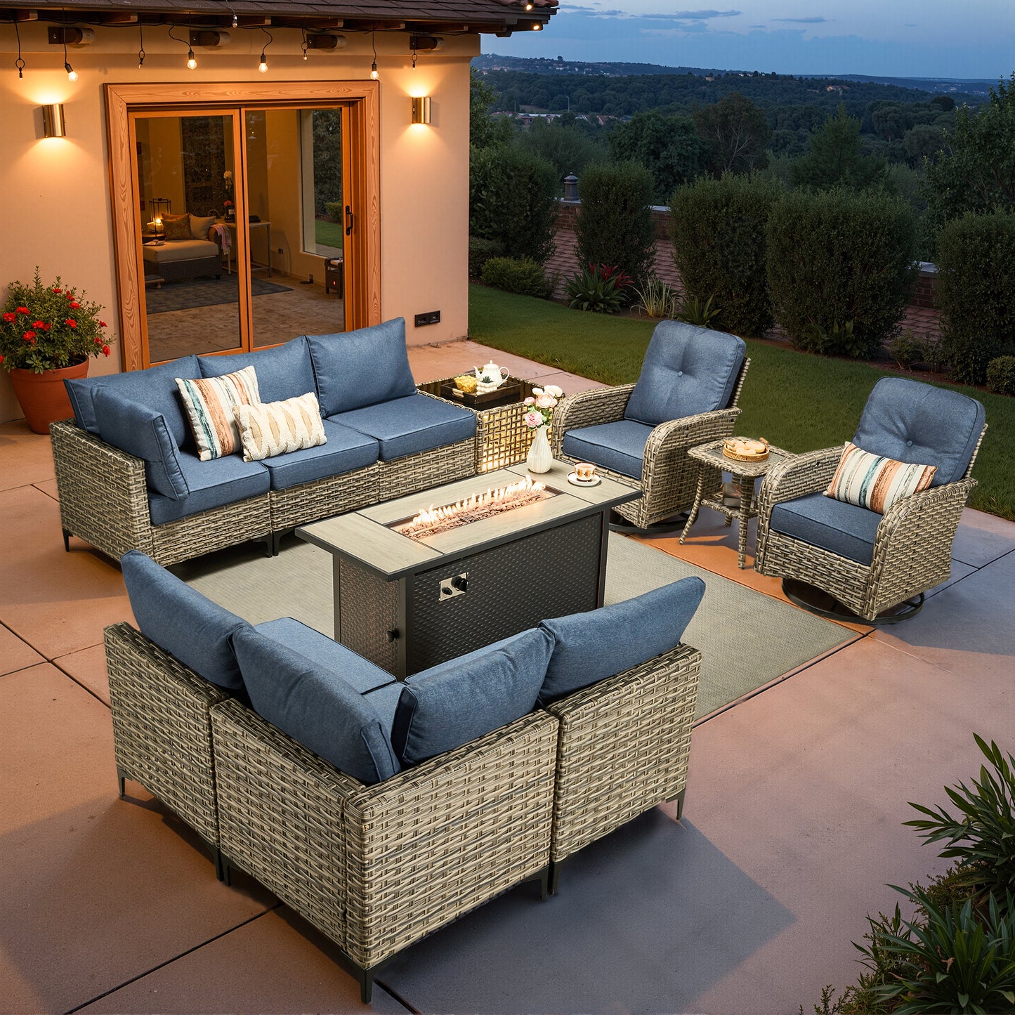 Vcatnet Outdoor Patio Furniture Sets 8 Pieces Sectional Sofa Wicker Conversation Set with Swivel Glider Chairs and Solar Powered Coffee Table for Porch,Backyard