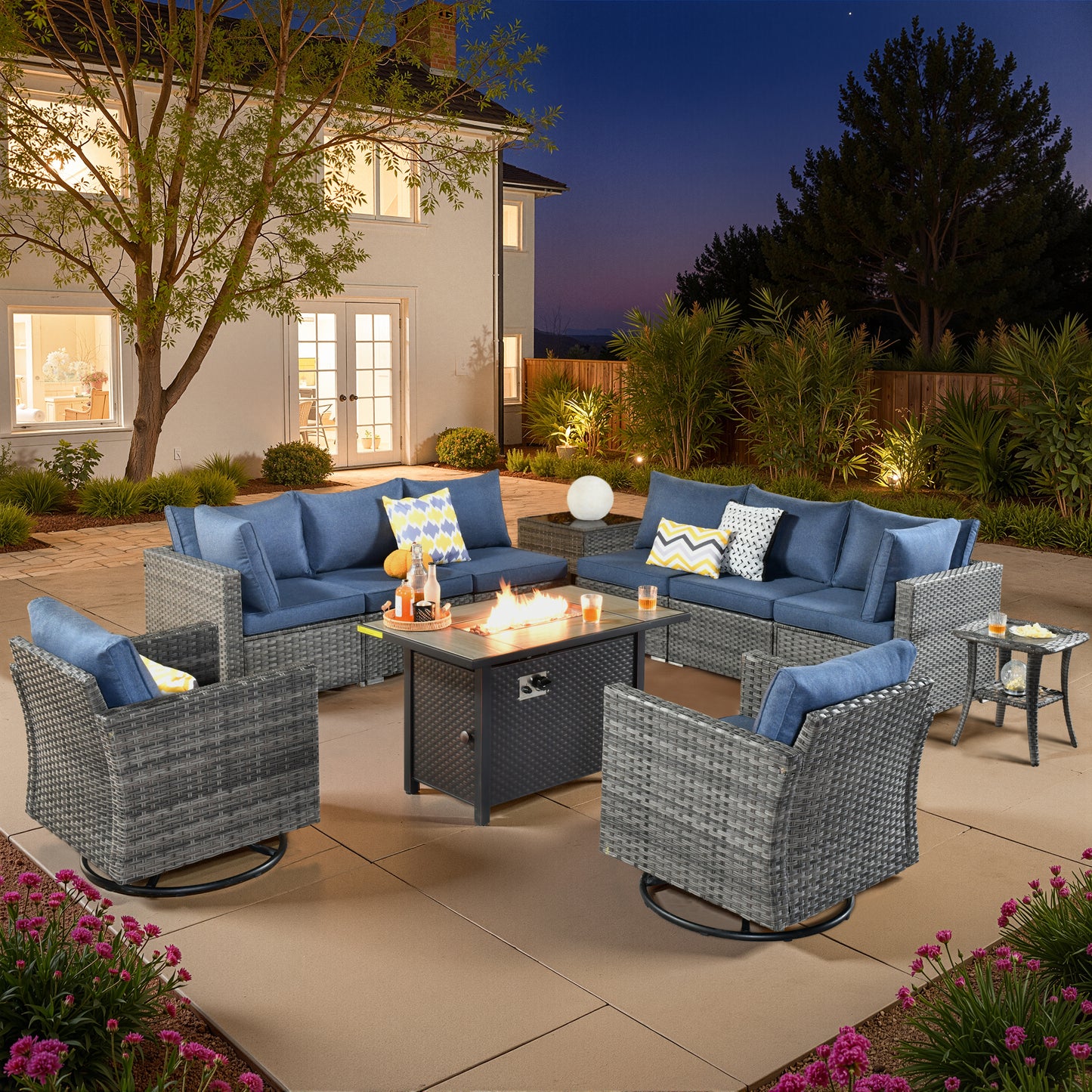 Vcatnet 6 Pieces Outdoor Patio Furniture with Fire Pit, Wicker Outdoor Conversation Set, Outdoor Sectional with Coffee Table