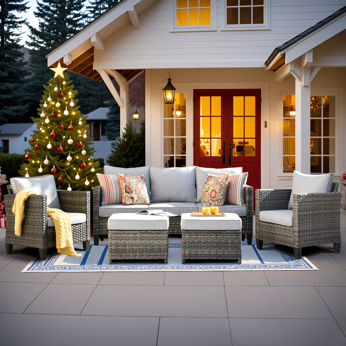 Vcatnet Outdoor Patio Furniture 5 Pieces Wicker Rattan Outdoor Sectional Conversation Set with Ottomans