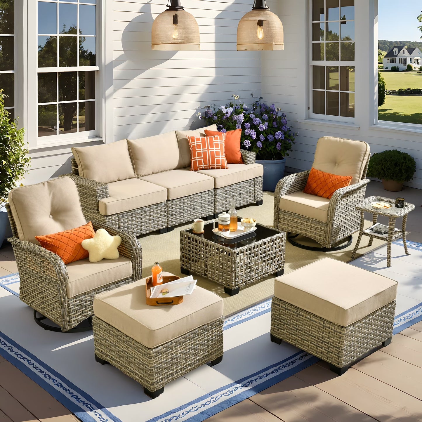 Vcatnet 8 Pieces Outdoor Patio Furniture Sectional Sofa PE Rattan Wicker Conversation Set with Solar Powered Coffee Table for Porch, Backyard