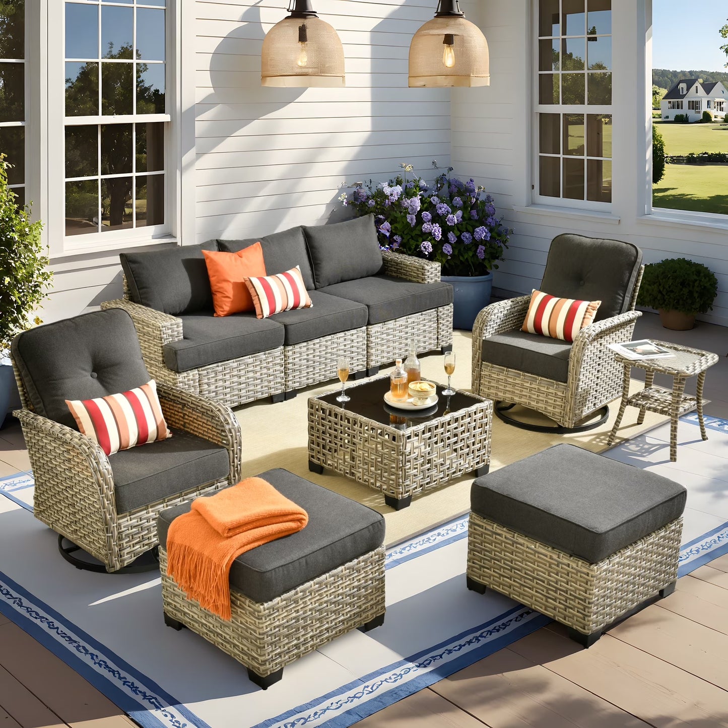 Vcatnet 8 Pieces Outdoor Patio Furniture Sectional Sofa PE Rattan Wicker Conversation Set with Solar Powered Coffee Table for Porch, Backyard