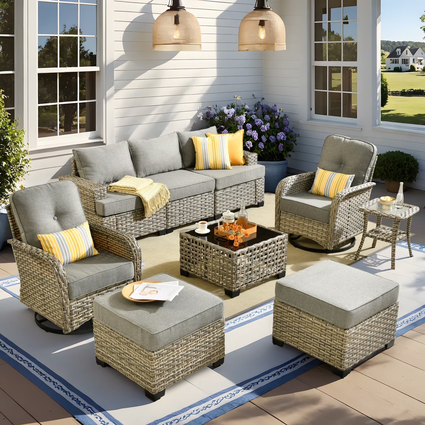 Vcatnet 8 Pieces Outdoor Patio Furniture Sectional Sofa PE Rattan Wicker Conversation Set with Solar Powered Coffee Table for Porch, Backyard