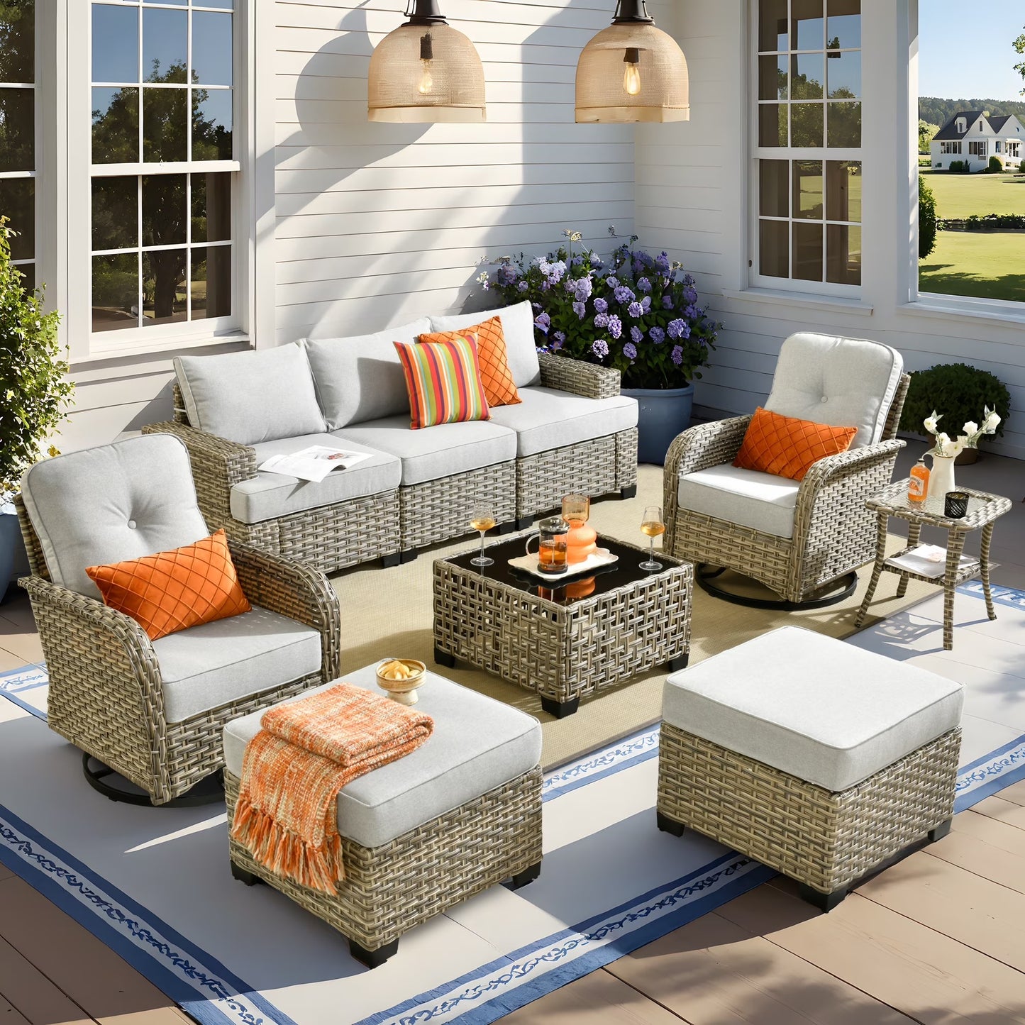 Vcatnet 8 Pieces Outdoor Patio Furniture Sectional Sofa PE Rattan Wicker Conversation Set with Solar Powered Coffee Table for Porch, Backyard