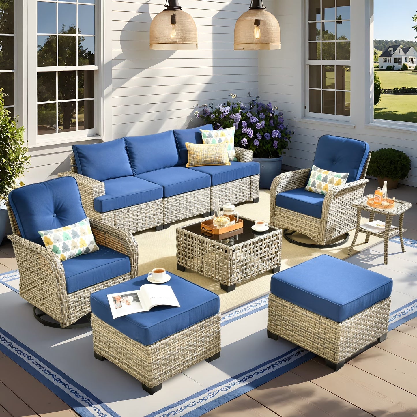Vcatnet 8 Pieces Outdoor Patio Furniture Sectional Sofa PE Rattan Wicker Conversation Set with Solar Powered Coffee Table for Porch, Backyard