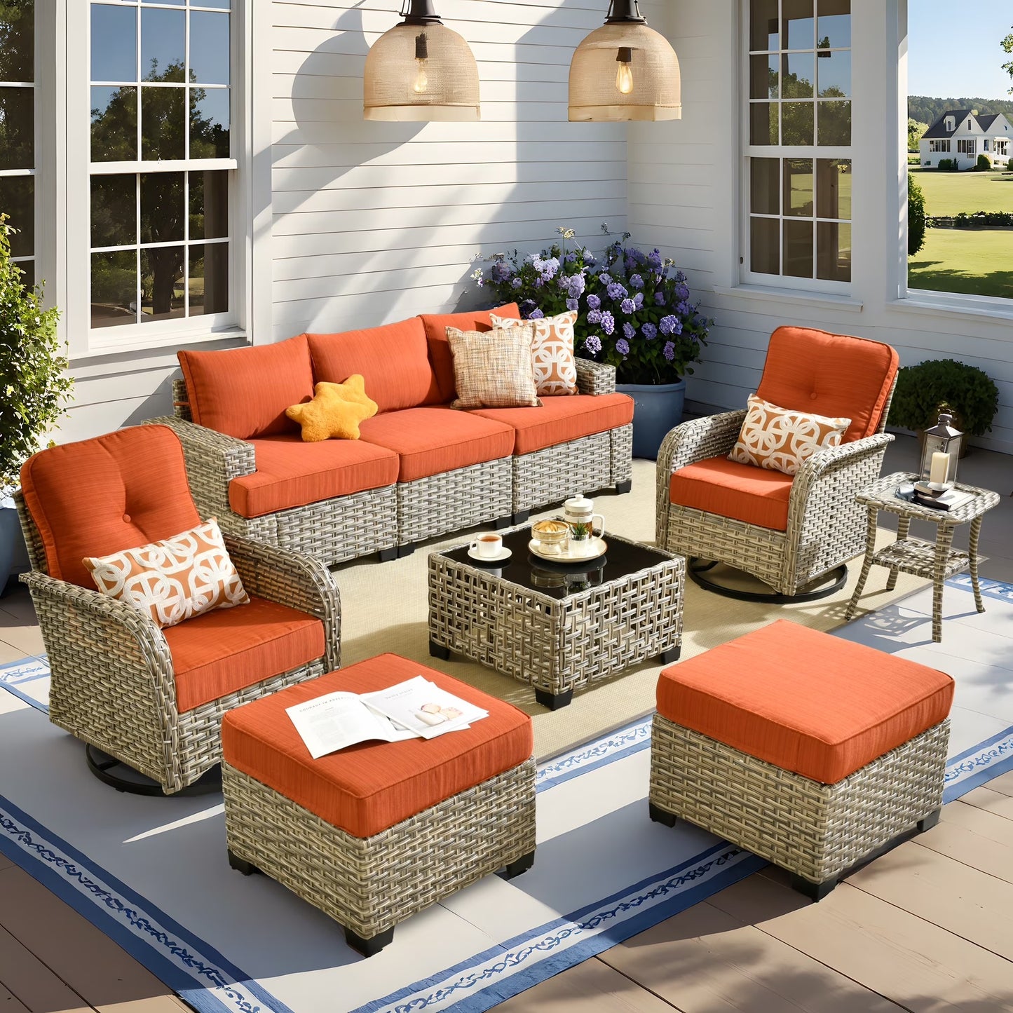 Vcatnet 8 Pieces Outdoor Patio Furniture Sectional Sofa PE Rattan Wicker Conversation Set with Solar Powered Coffee Table for Porch, Backyard