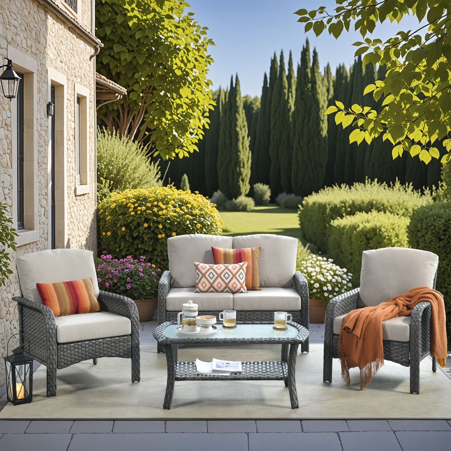 Vcatnet 5 Pieces Patio Furniture with Swivel Chairs, High Back Outdoor Conversation Set, All-Weather Wicker Sectional Furniture Set