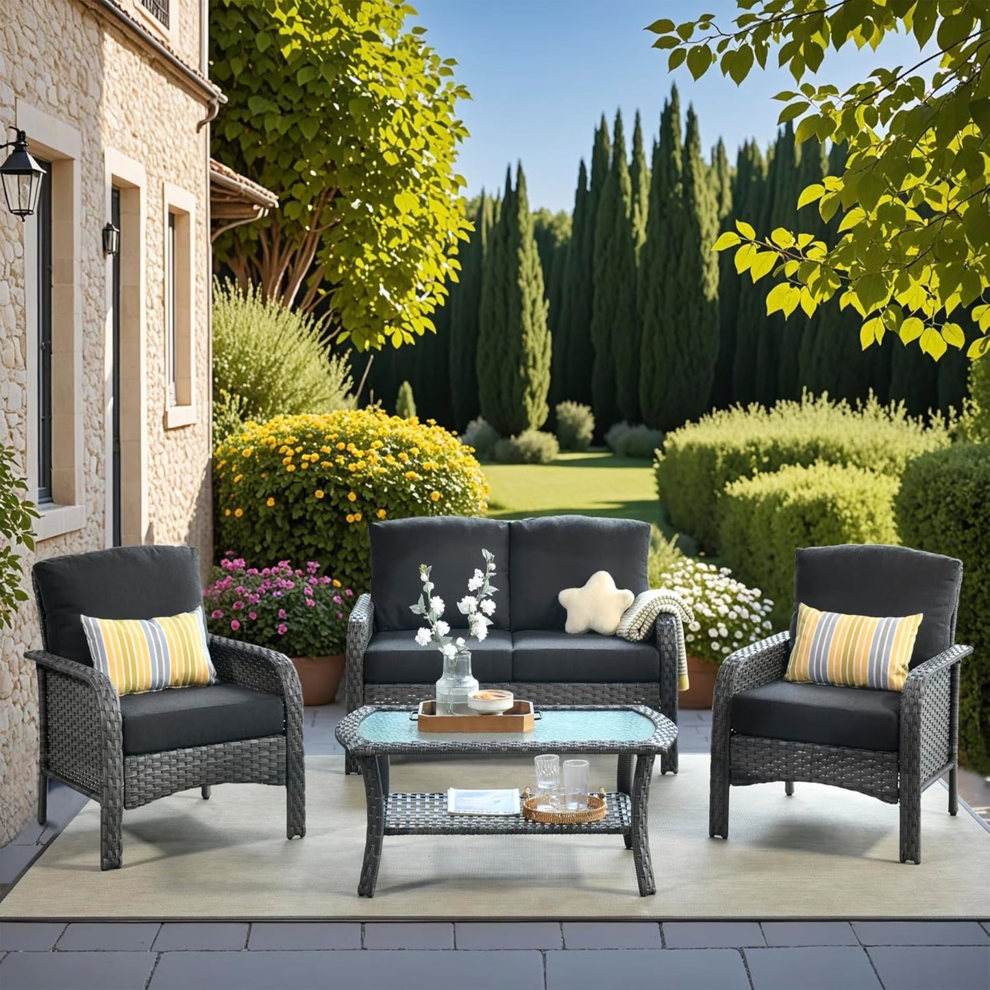 Vcatnet 5 Pieces Patio Furniture with Swivel Chairs, High Back Outdoor Conversation Set, All-Weather Wicker Sectional Furniture Set