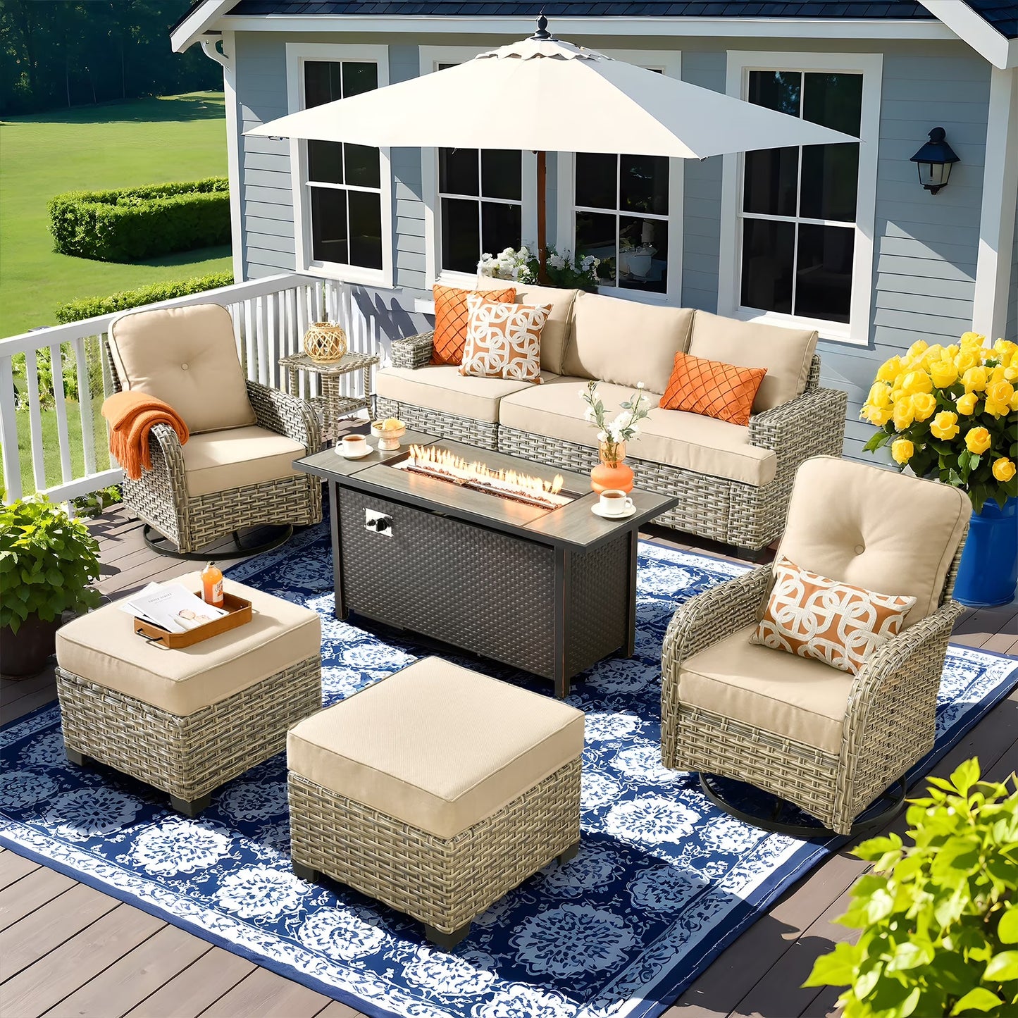Vcatnet 9 Pieces Outdoor Patio Furniture with 54" Fire Pit Wicker Sectional Sofa All-Weather Outdoor Conversation Set with Swivel Glider Chairs and Ottoman