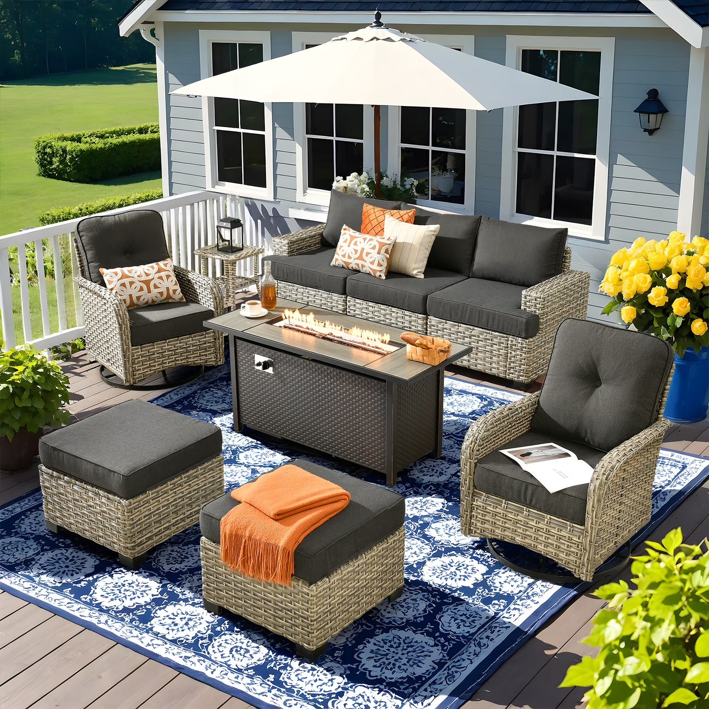 Vcatnet 9 Pieces Outdoor Patio Furniture with 54" Fire Pit Wicker Sectional Sofa All-Weather Outdoor Conversation Set with Swivel Glider Chairs and Ottoman