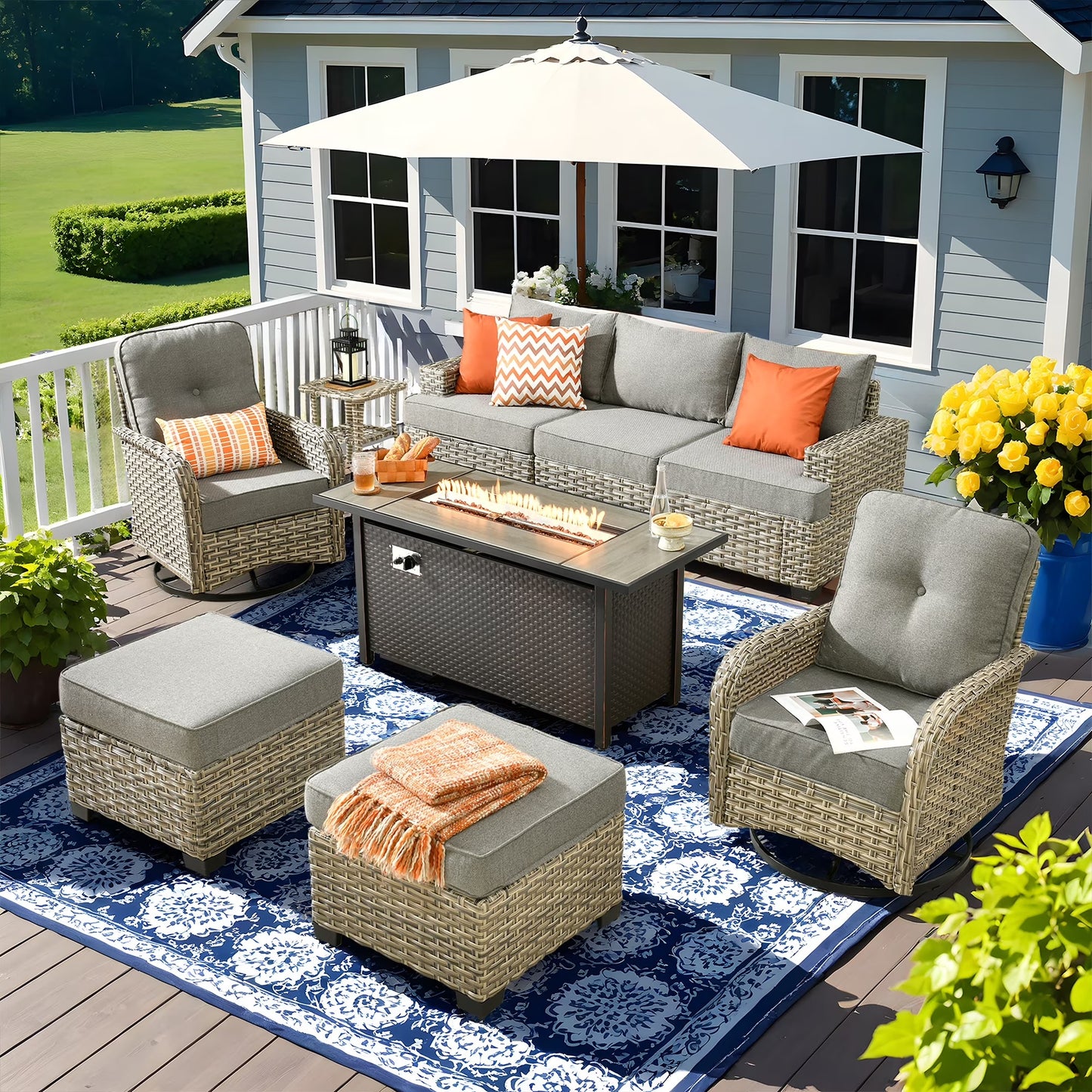 Vcatnet 9 Pieces Outdoor Patio Furniture with 54" Fire Pit Wicker Sectional Sofa All-Weather Outdoor Conversation Set with Swivel Glider Chairs and Ottoman