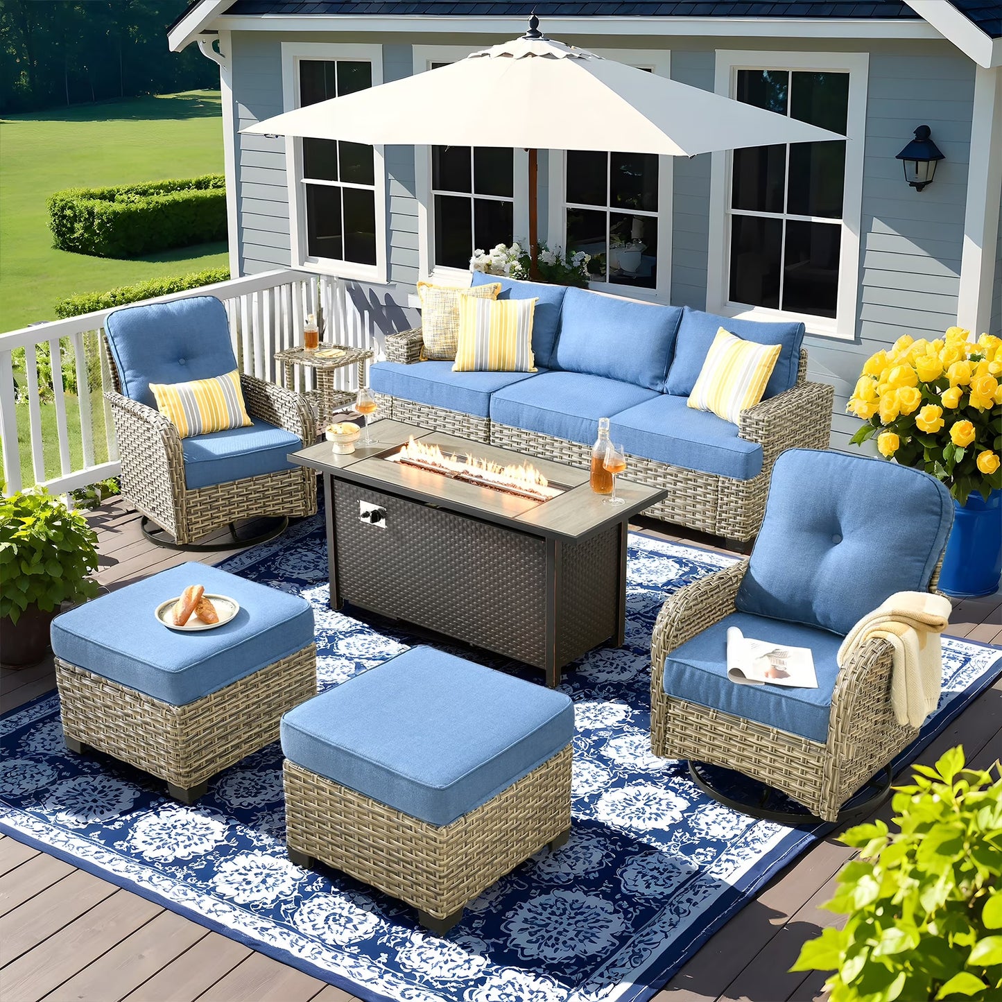 Vcatnet 9 Pieces Outdoor Patio Furniture with 54" Fire Pit Wicker Sectional Sofa All-Weather Outdoor Conversation Set with Swivel Glider Chairs and Ottoman