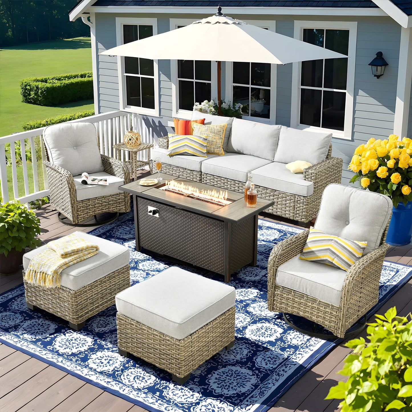 Vcatnet 9 Pieces Outdoor Patio Furniture with 54" Fire Pit Wicker Sectional Sofa All-Weather Outdoor Conversation Set with Swivel Glider Chairs and Ottoman