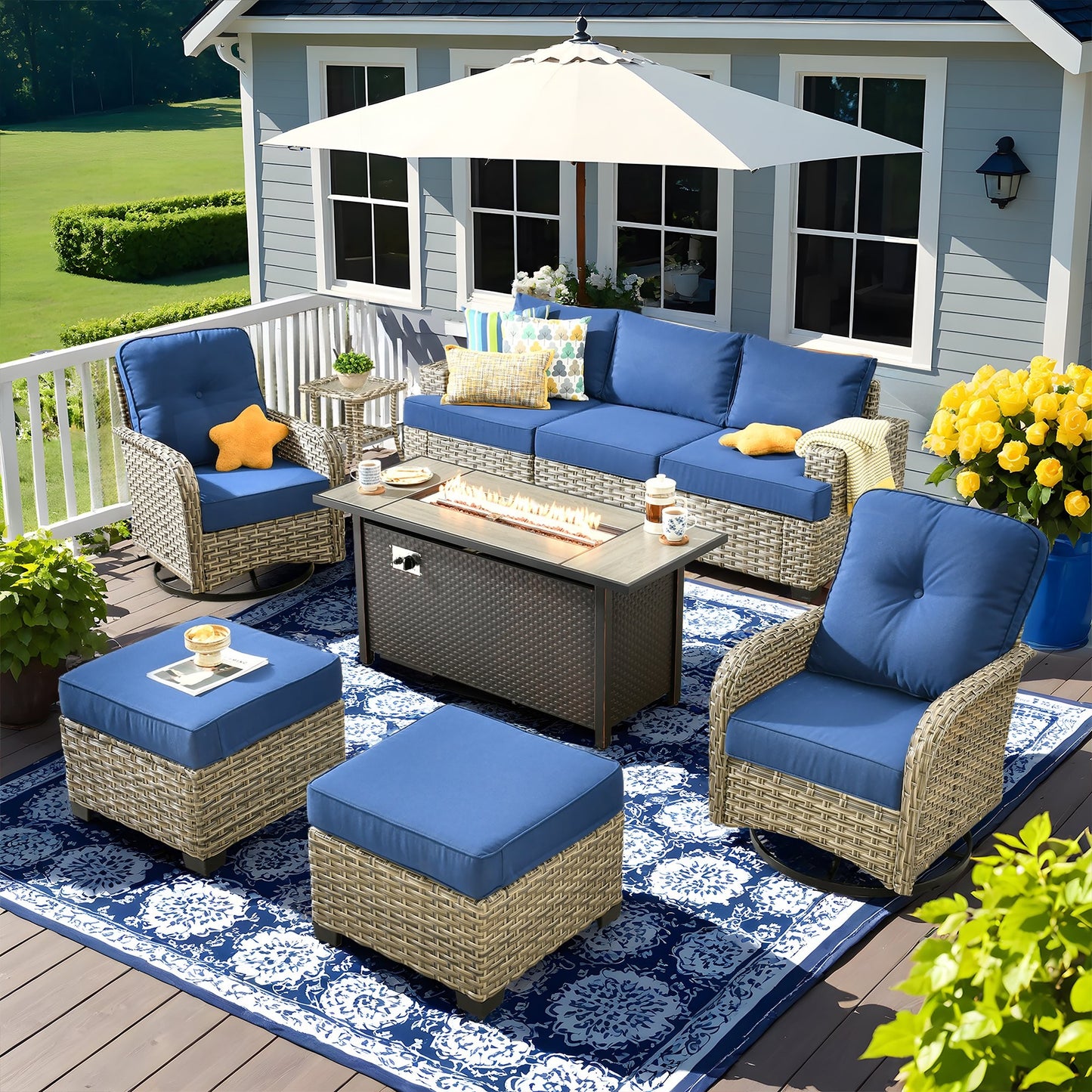 Vcatnet 9 Pieces Outdoor Patio Furniture with 54" Fire Pit Wicker Sectional Sofa All-Weather Outdoor Conversation Set with Swivel Glider Chairs and Ottoman