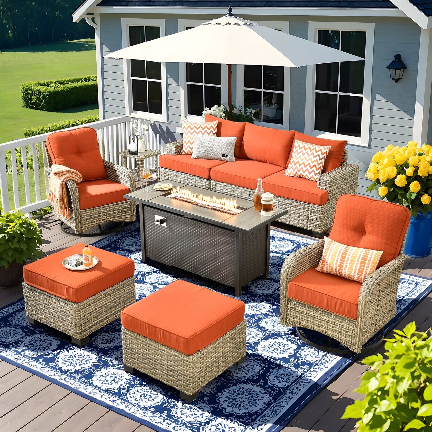 Vcatnet 9 Pieces Outdoor Patio Furniture with 54" Fire Pit Wicker Sectional Sofa All-Weather Outdoor Conversation Set with Swivel Glider Chairs and Ottoman