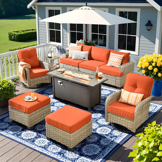 Vcatnet 9 Pieces Outdoor Patio Furniture with 54" Fire Pit Wicker Sectional Sofa All-Weather Outdoor Conversation Set with Swivel Glider Chairs and Ottoman
