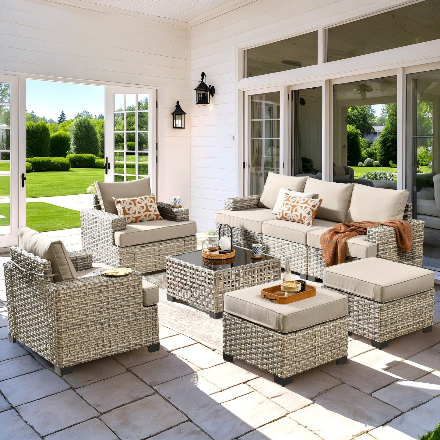 Vcatnet 8 Pieces Outdoor Patio Furniture Sectional Sofa PE Rattan Wicker Conversation Set with Solar Powered Coffee Table for Porch, Backyard