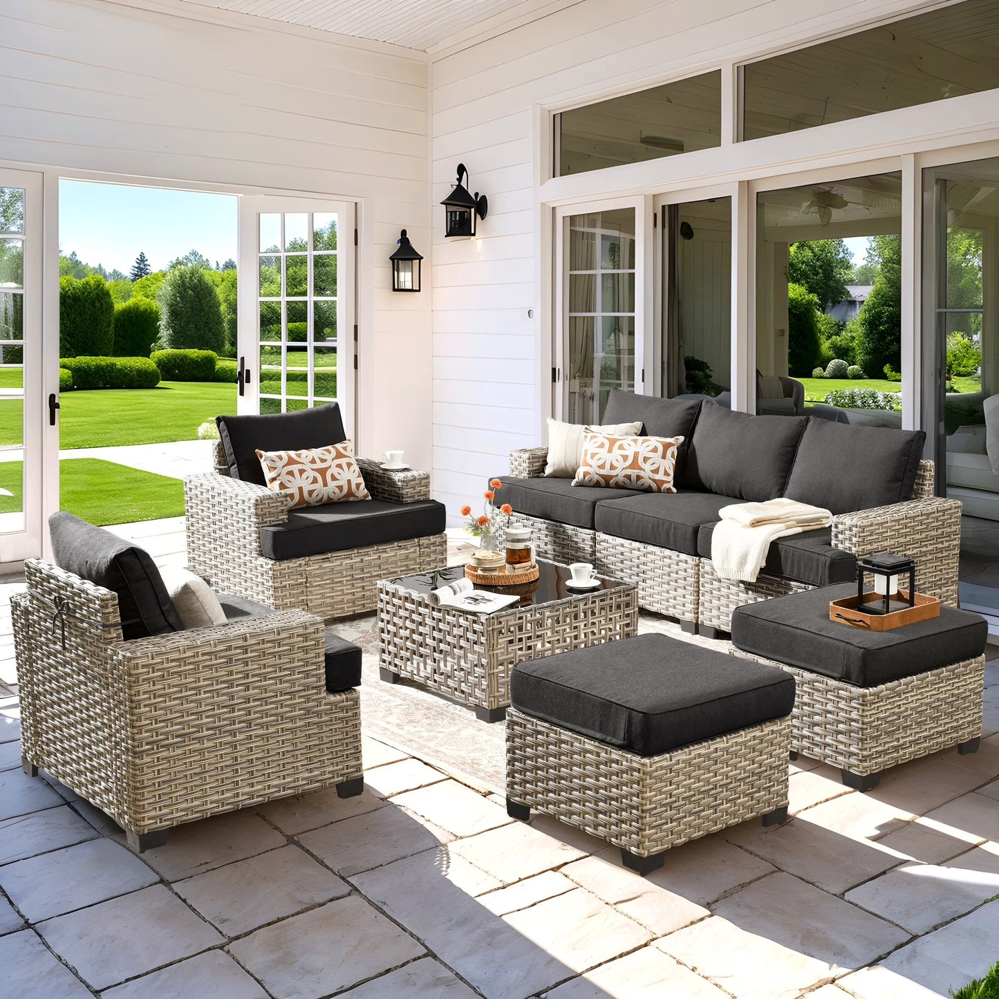 Vcatnet 8 Pieces Outdoor Patio Furniture Sectional Sofa PE Rattan Wicker Conversation Set with Solar Powered Coffee Table for Porch, Backyard