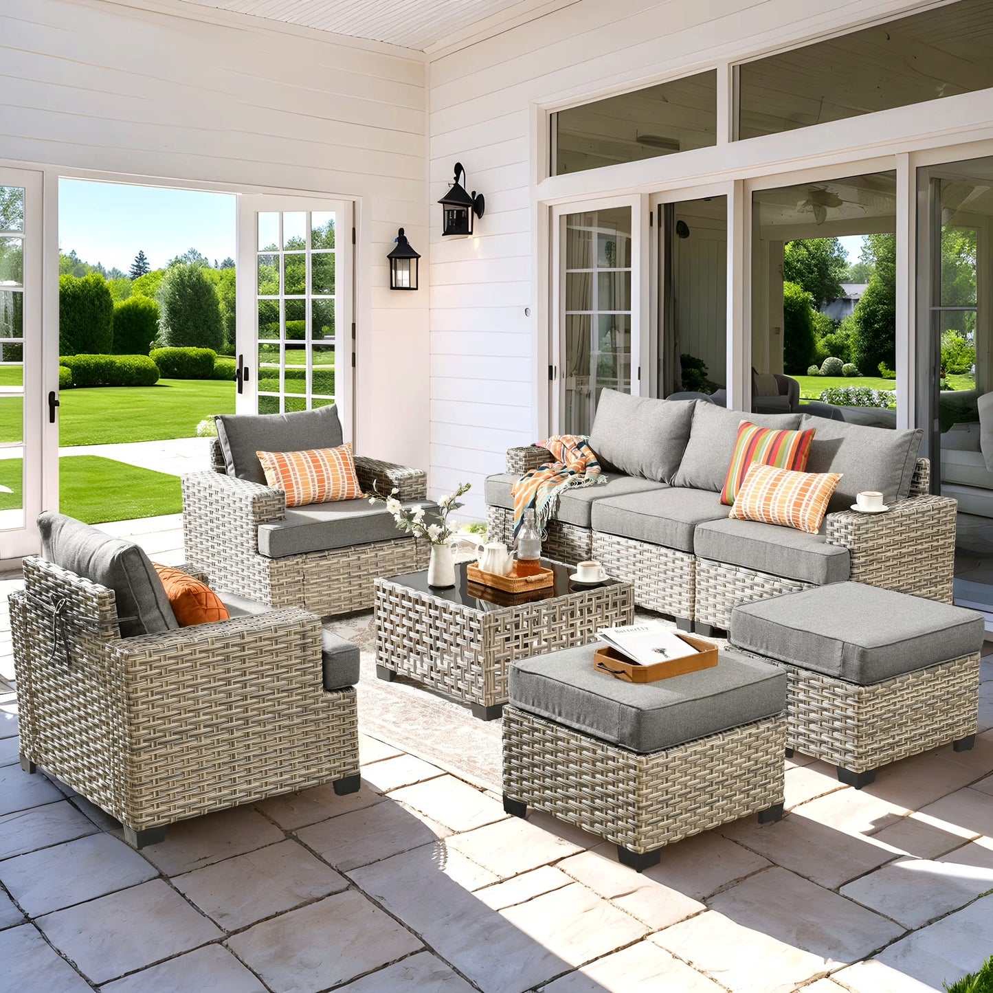 Vcatnet 8 Pieces Outdoor Patio Furniture Sectional Sofa PE Rattan Wicker Conversation Set with Solar Powered Coffee Table for Porch, Backyard