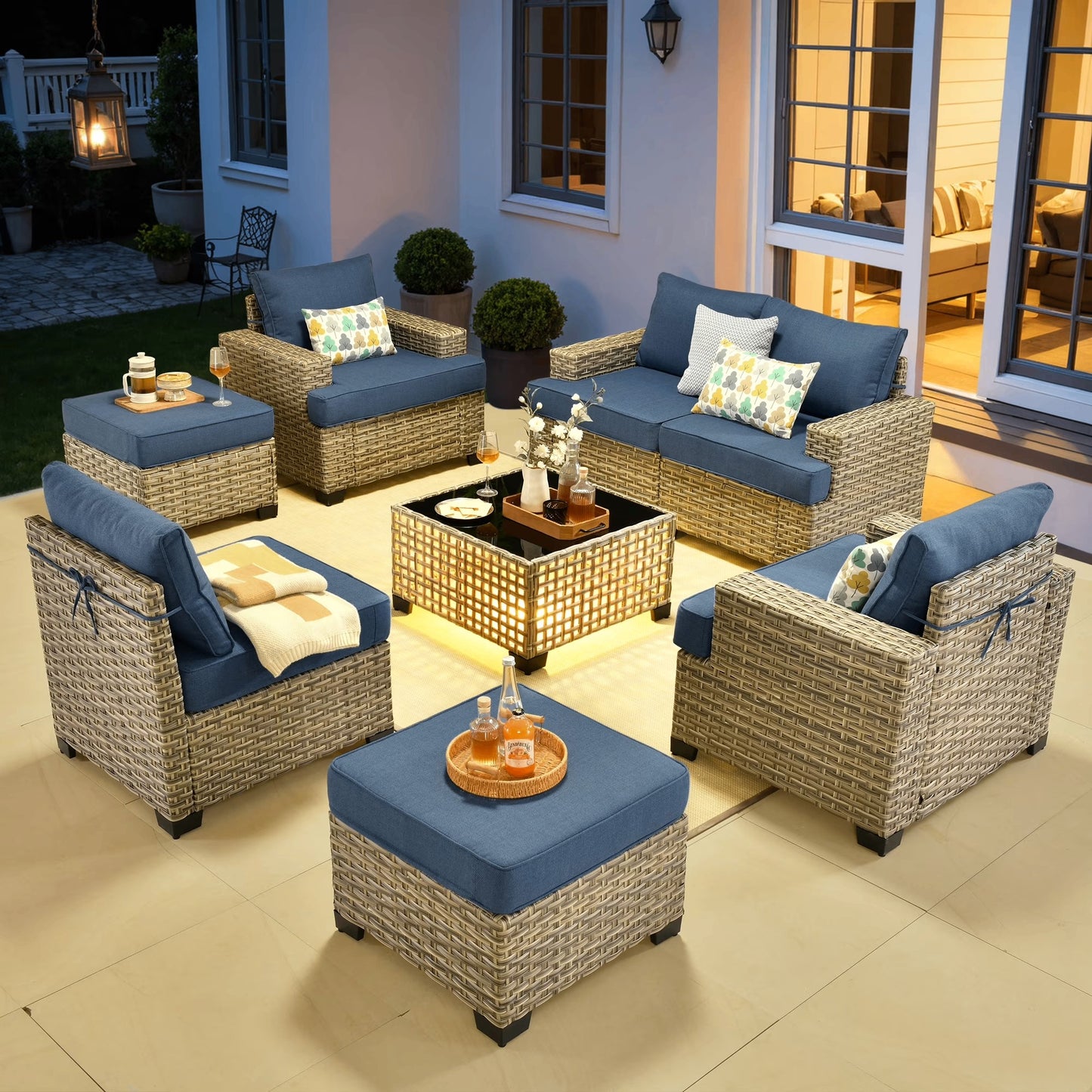 Vcatnet 8 Pieces Outdoor Patio Furniture Sectional Sofa PE Rattan Wicker Conversation Set with Solar Powered Coffee Table for Porch, Backyard