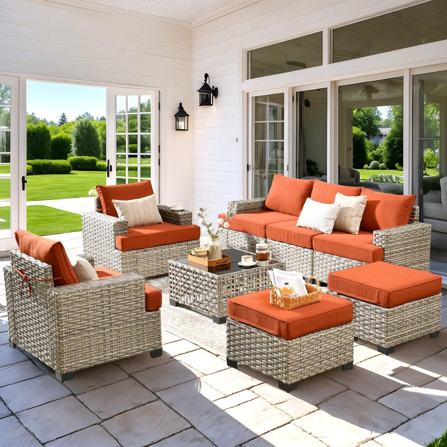 Vcatnet 8 Pieces Outdoor Patio Furniture Sectional Sofa PE Rattan Wicker Conversation Set with Solar Powered Coffee Table for Porch, Backyard