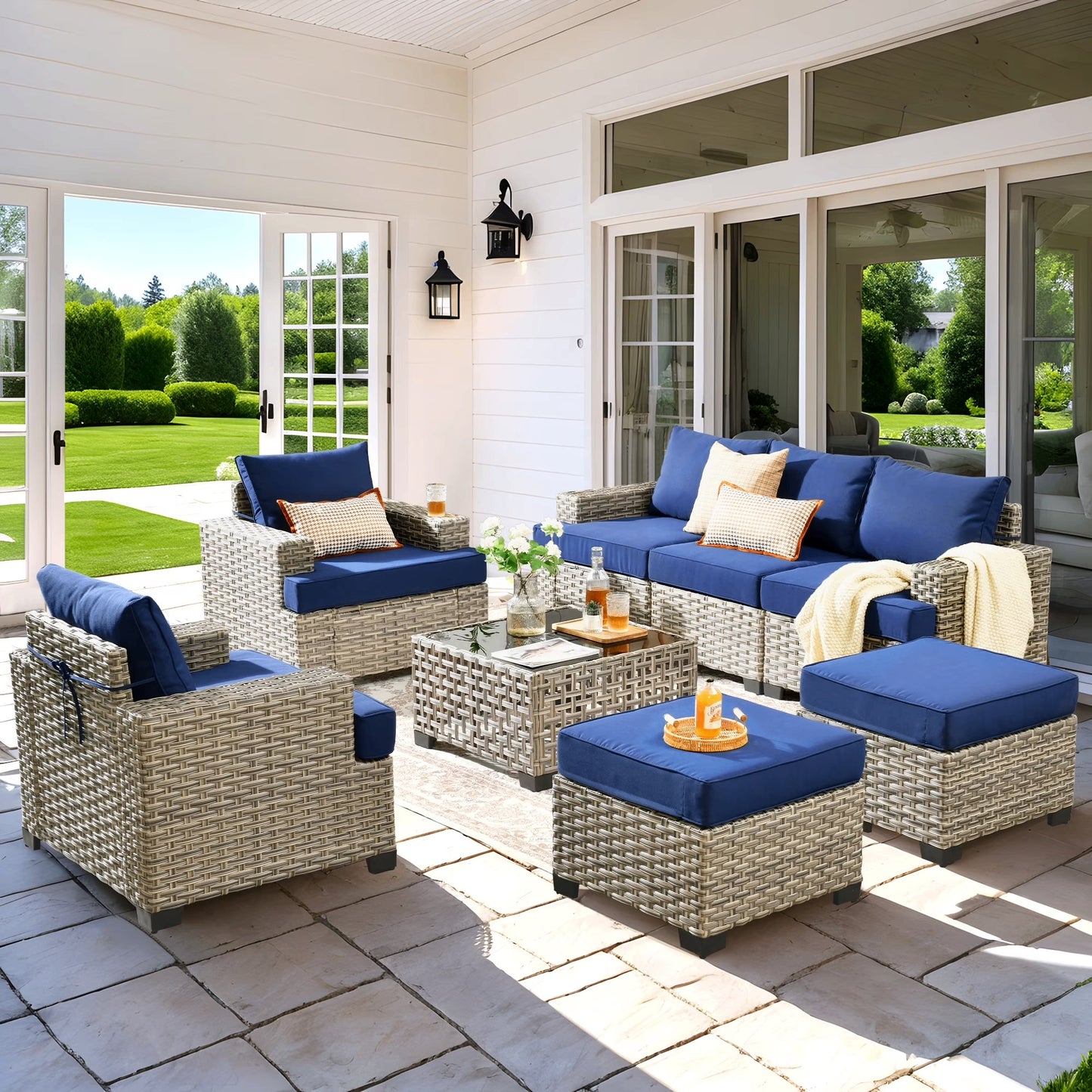 Vcatnet 8 Pieces Outdoor Patio Furniture Sectional Sofa PE Rattan Wicker Conversation Set with Solar Powered Coffee Table for Porch, Backyard